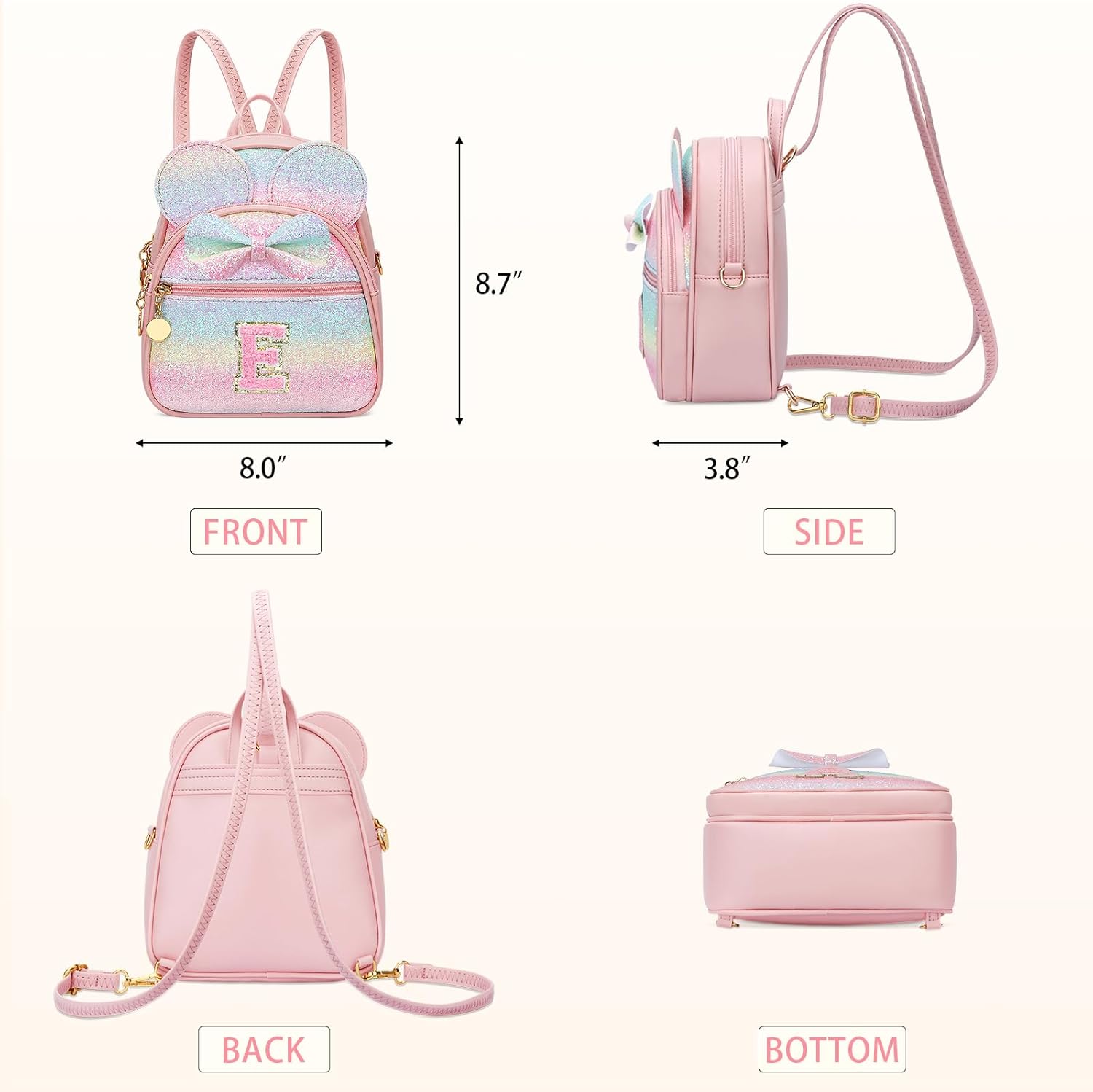 KKXIU Initial Bowknot Mini Backpacks for Girls Women, Small Cute Backpack Purse, Personalized Birthday Gifts for Toddler, Kids and Teen Girls(E, Rainbow)