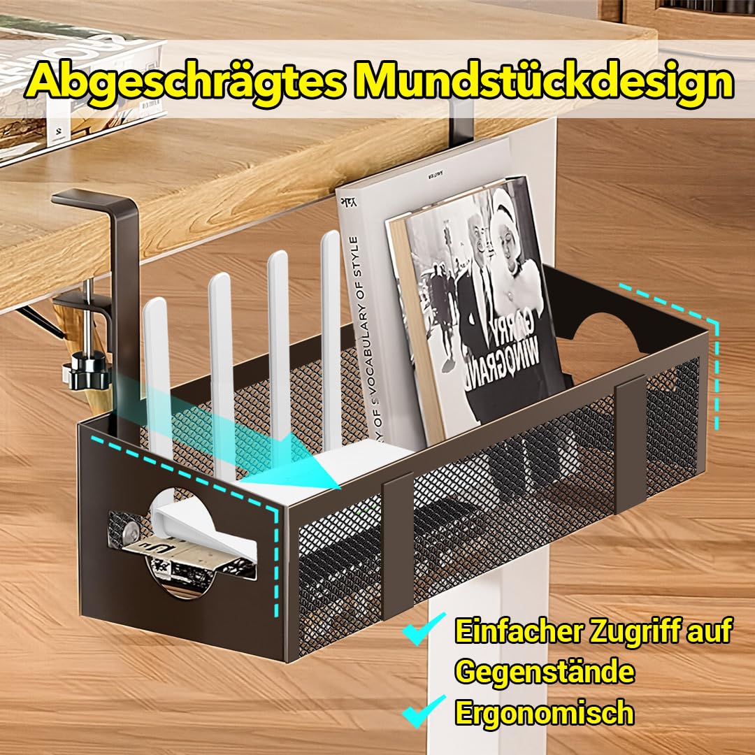 Kabelmanagement-Ablage Unter dem Schreibtisch- Ohne Bohren, Stützmetallstange hinzufügen - Büro und Zuhause - Keine Schäden am Tisch (Black, 42cm)