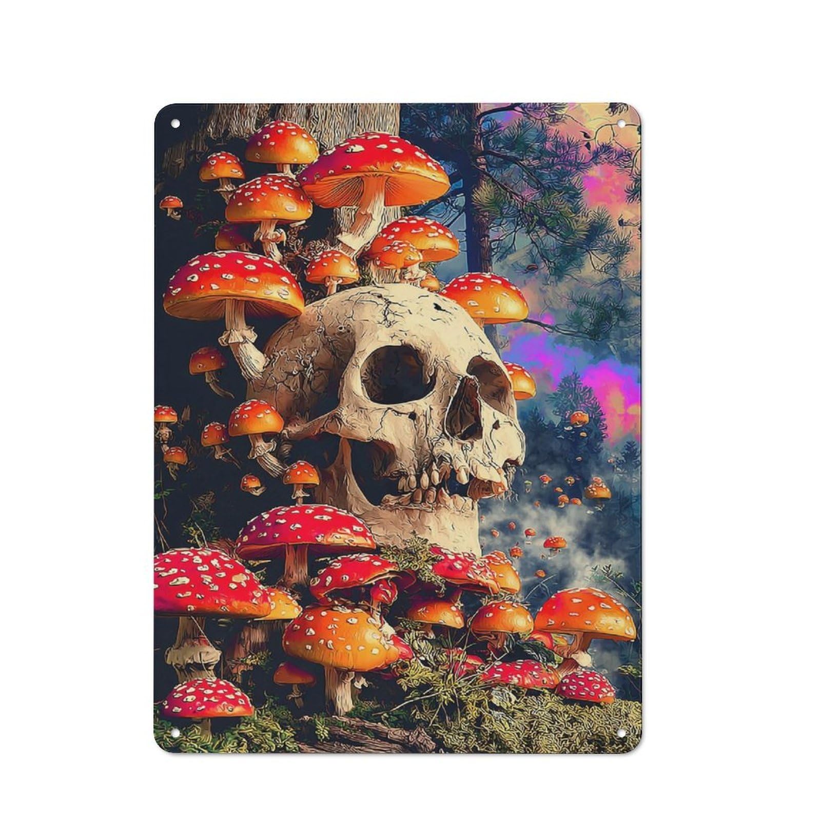 Junmoney Forest Skull With Mushrooms Decorative Tin Plaque 40X30cm, Vintage Bar Wall Plaque For Bar, Kitchen, Garage Or Games Room