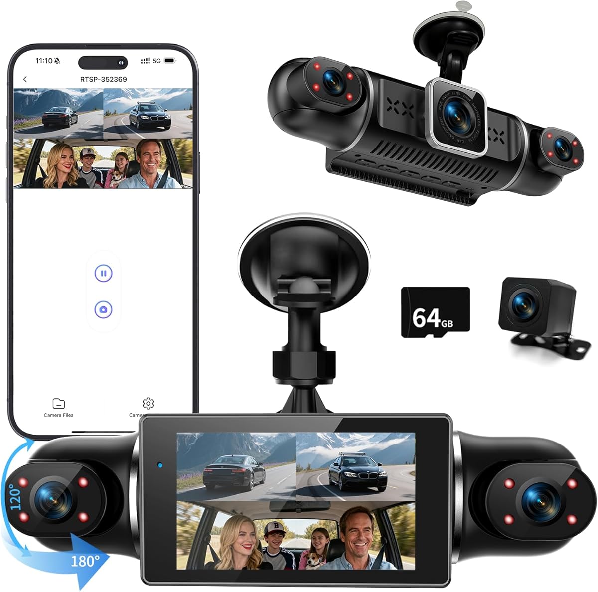 360° Dashcam Auto Vorne Hinten 4 Kanal Dash Cam Auto Kamera FHD 4K+1080Px3,4×140° Weitwinkel,WDR-Nachtsicht (8 IR-LEDs), 3" IPS Display,G-Sensor,24/7 Parkmodus,Loop-Aufnahme, inkl. 64GB SD-Karte, App