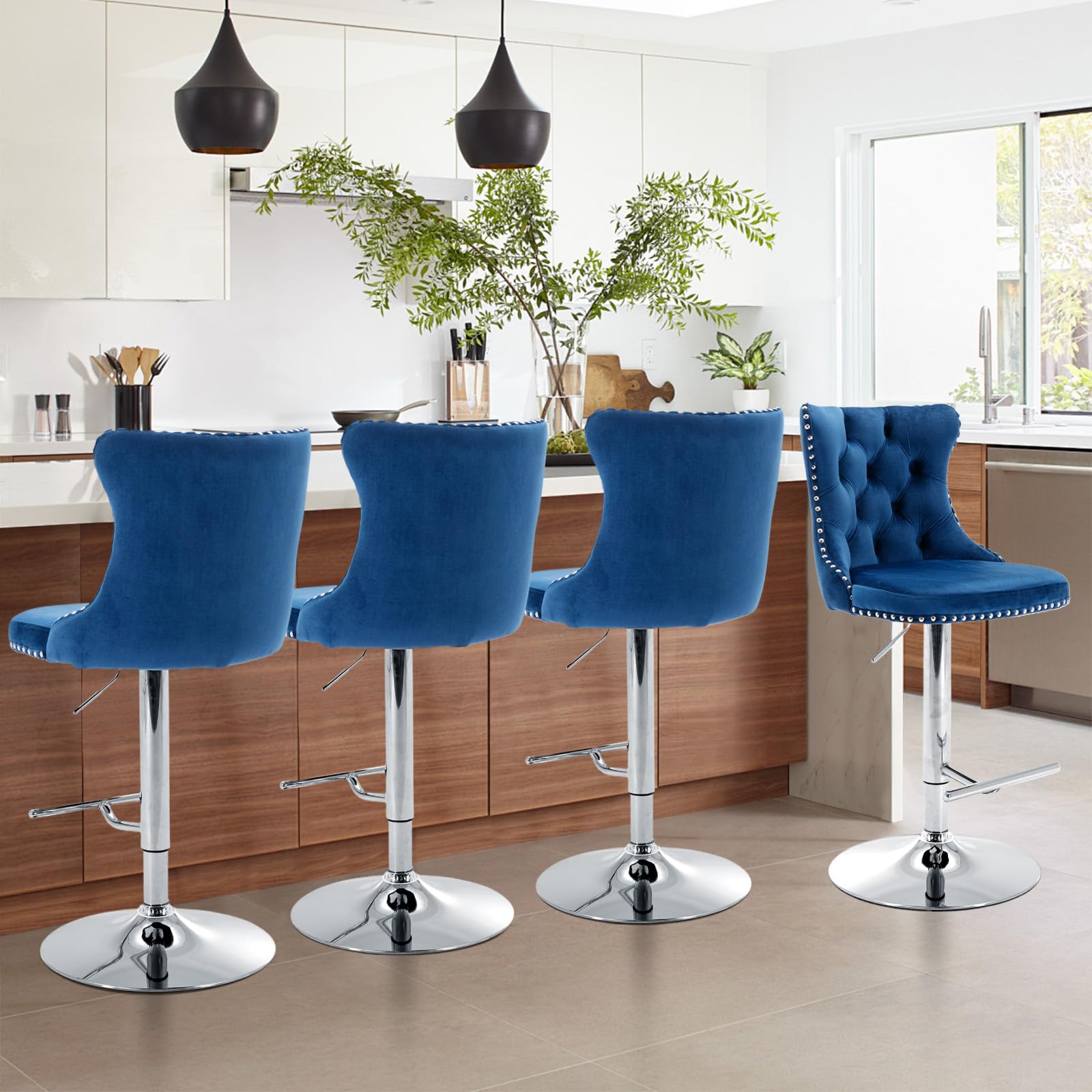 JETEAGO Velvet Bar Stool Set of 4, Adjustable Swivel Bar Stools with Silver Plated Metal Leg, Counter Height Chair for Kitchen, Bar, Dining Room (Blue