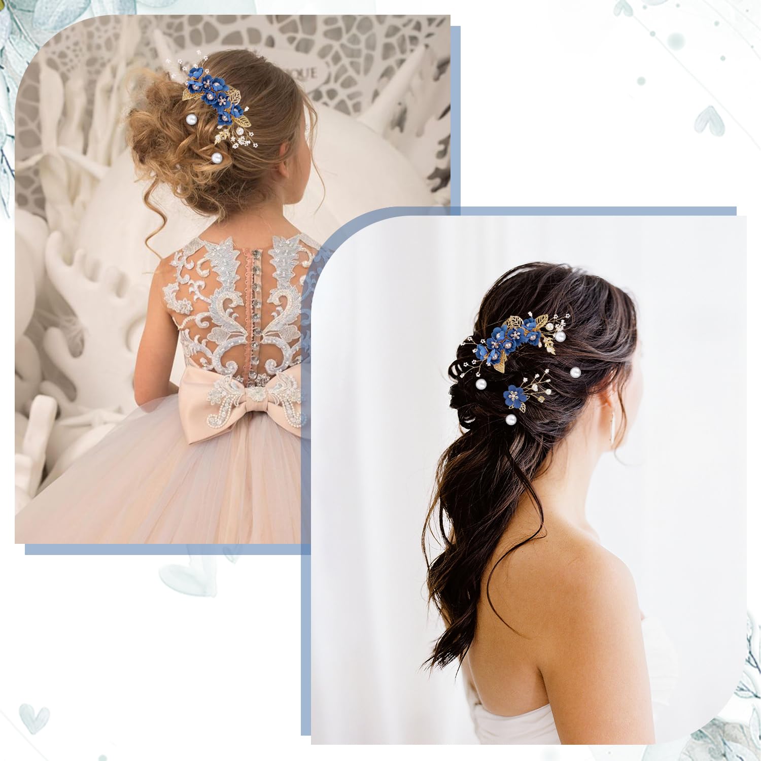 4Pcs Wedding Hair Accessories for Women Classy Bridal Hair Pins Flower Bridesmaid Hair Accessories 10Pcs Spiral Pearl Hair Pins for Brides Bridesmaids Women Girls (Royal Blue) - Image 4