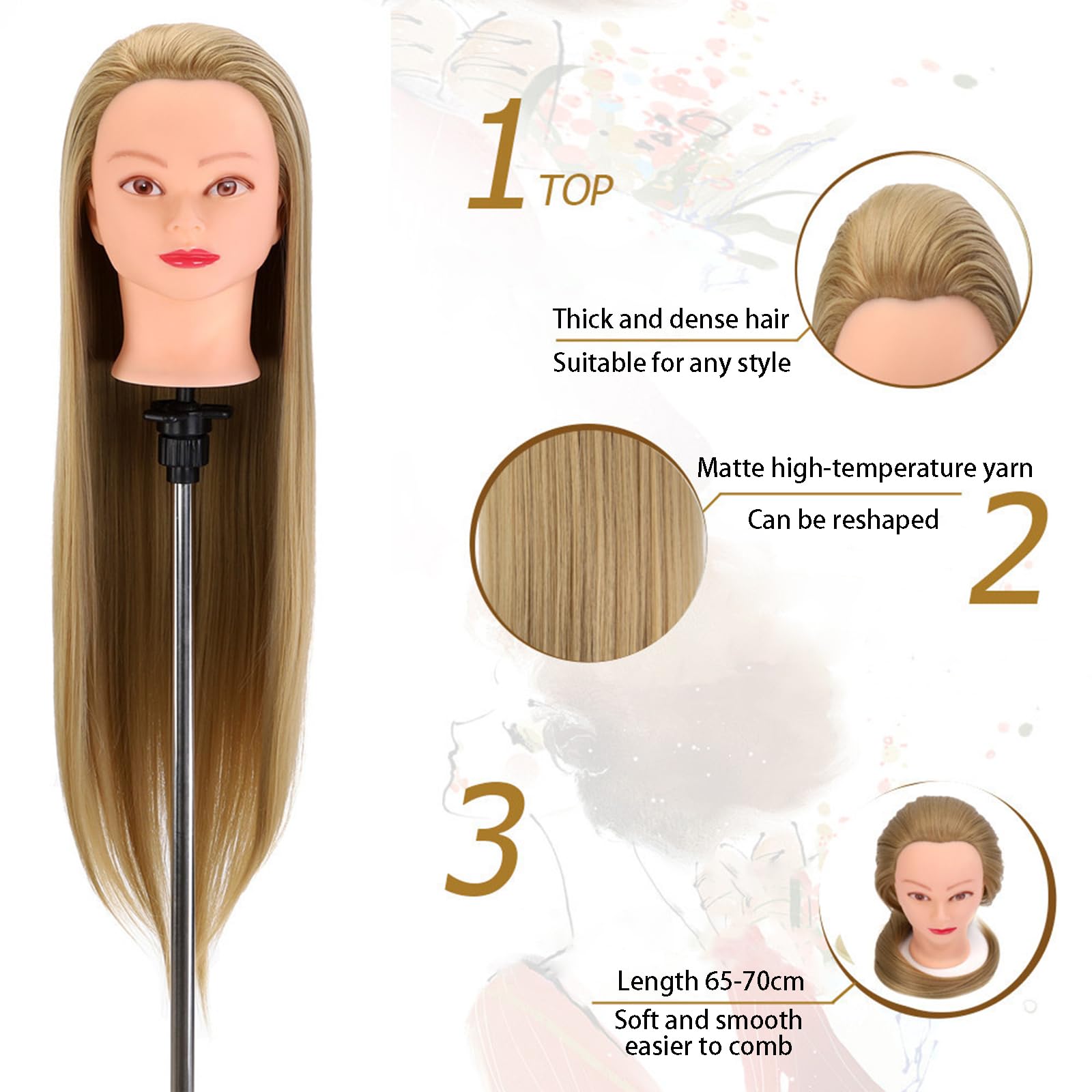Perücke Mannequin Head Echtes Haar Mannequin Heads 65cm/26in mit Kleinem Ständer für Haarstyling, Friseurausbildung, Flechten-1B#