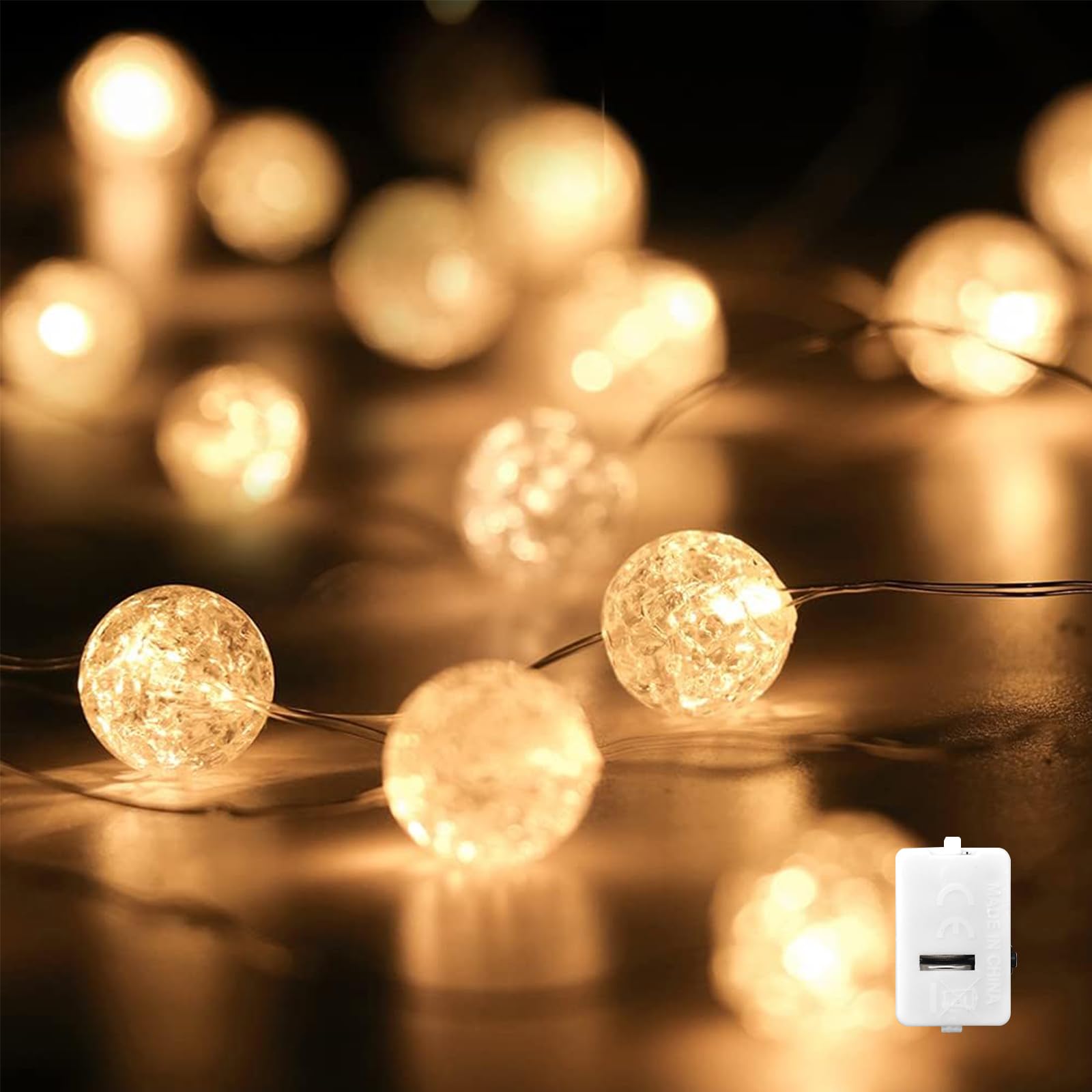 ENLACE Fairy Lights Crystal Balls, 2 m 20 LED Crackle Ball Fairy Lights with Button Cell Battery, Warm White Crystal Ball Fairy Lights for Indoor Wedding Christmas Valentine's Day Party Decoration