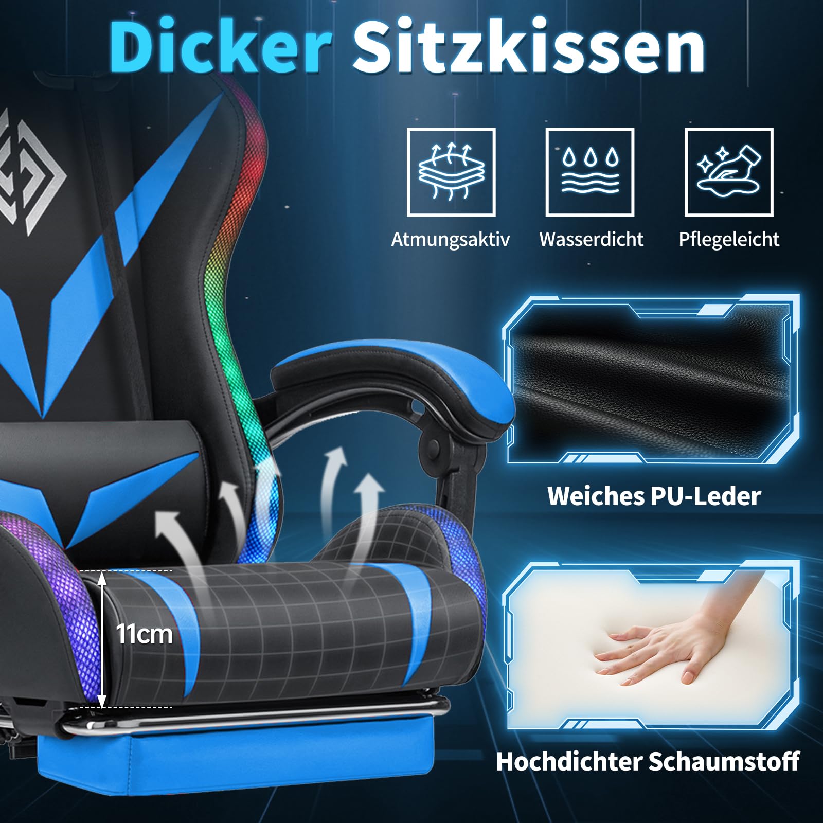 LED Gaming Stuhl mit Lautsprechern 135°Computer Stuhl mit RGB Lichter-Blau | Bluetooth Spielstuhl mit Massage Lumbalstütze;Liegestühle mit Fußbrett;PC Gaming Sessel für Erwachsene Gaming Arbeit Lernen