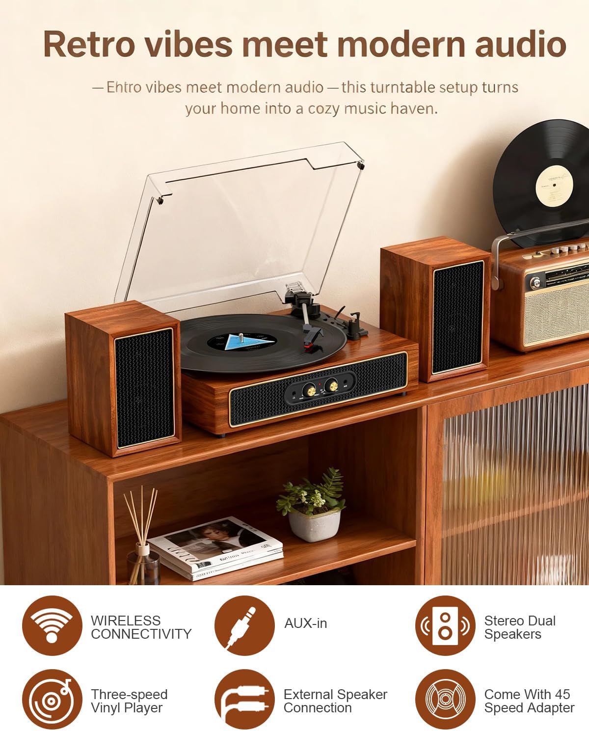 Record Player with External Speakers, Vintage 3-Speed Belt-Drive Turntable, Dual Stereo Sound, Bluetooth Input, PC Vinyl Recording, RCA Output, Bass/Treble Control,Auto-Stop,Red
