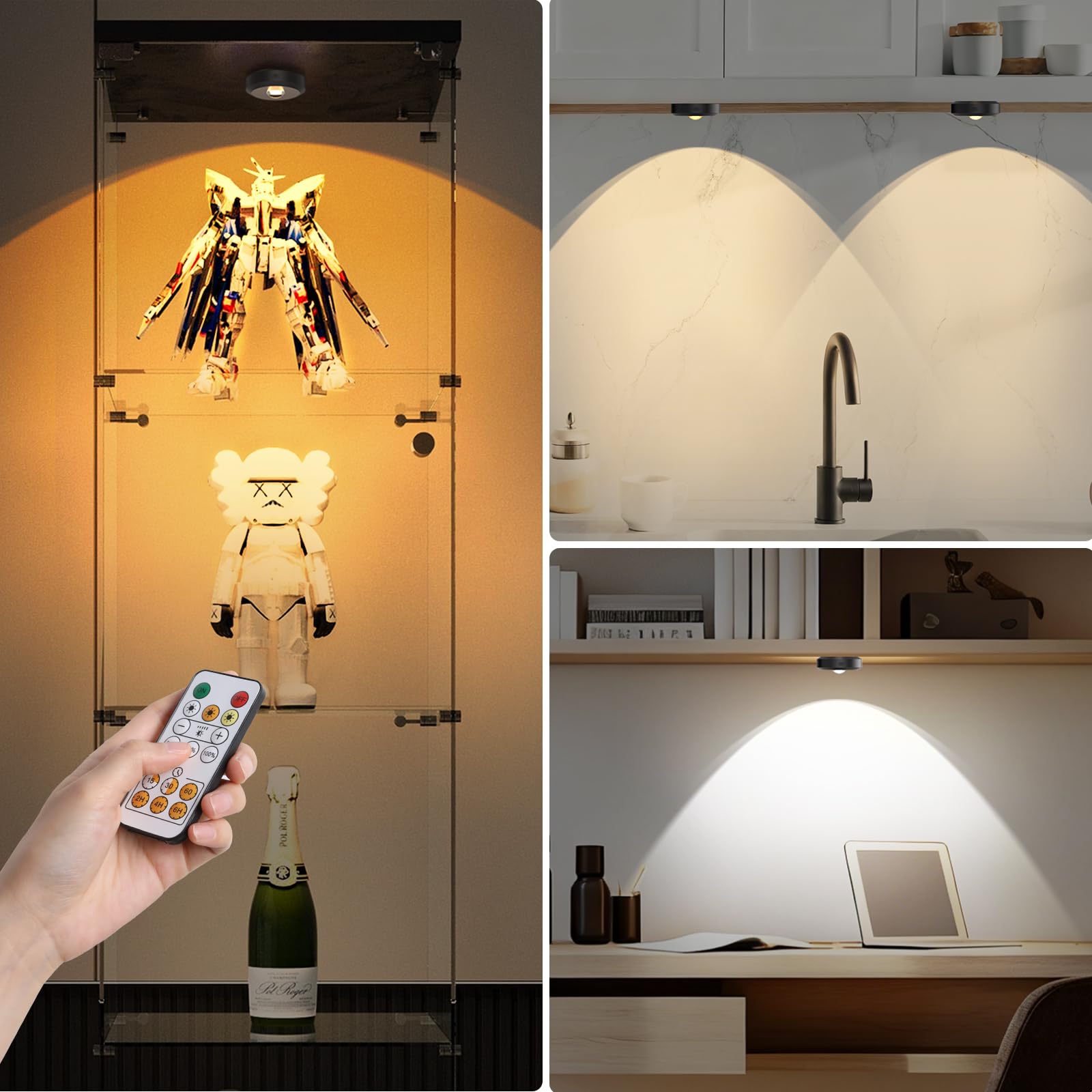 Spot Sans Fil Puck Light Lumic Reglette LED 180H 3000K/4500K/6000K Dimmable Rechargeable Minuterie Télécommande Rond Lumière Cuisine Armoire Vitrine