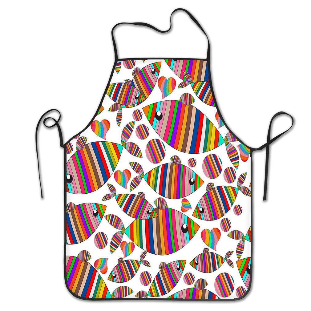 nsnabawanan Funny Personality Apron Cartoon Abstract Striped Fishes Hand Drawn Fishes Love Hearts Geometric Shapes Circles Cartoon Chef Kitchen Aprons 20.4 28.3 inch