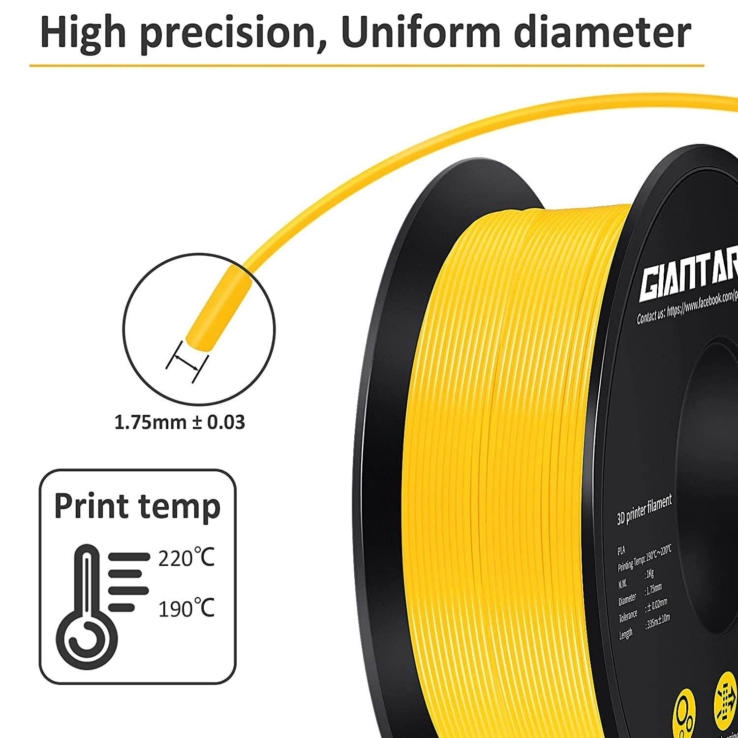 Filamento PLA 1,75 mm, GIANTARM Stampante 3D PLA Filamento 1 kg Spool (Giallo)