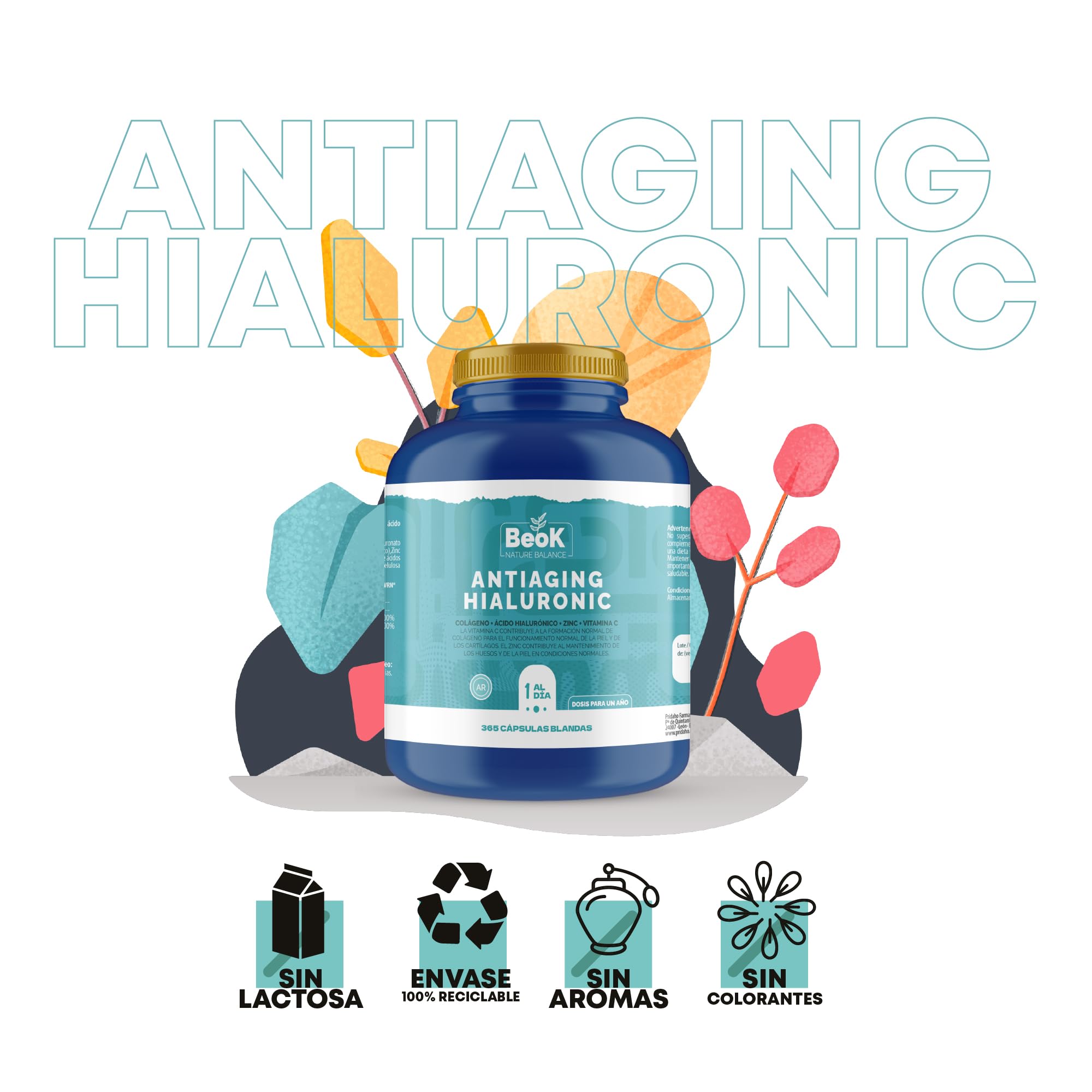 BEOK Antiaging Hyaluronic 365 Cápsulas Blandas – Colágeno Hidrolizado + Ácido Hialurónico + Vitamina C + Zinc – Suplemento para Piel, Articulaciones y Huesos – Suministro para 1 Año