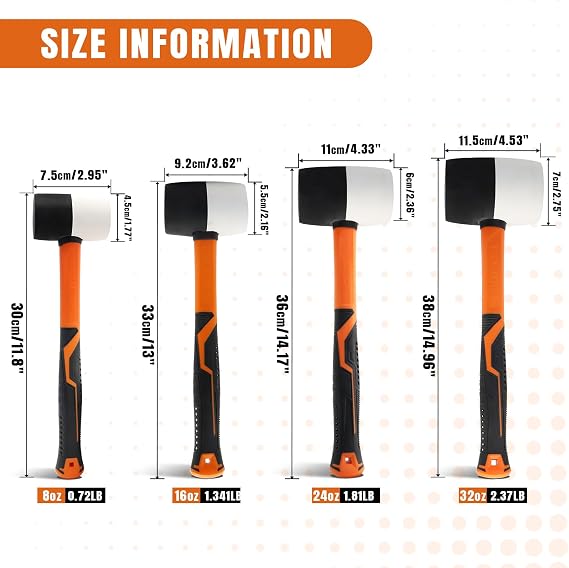 4 Piece Rubber Mallet Set 8/16/24/32 oz Soft FaceHammer
