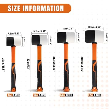 4 Piece Rubber Mallet Set 8/16/24/32 oz Soft FaceHammer