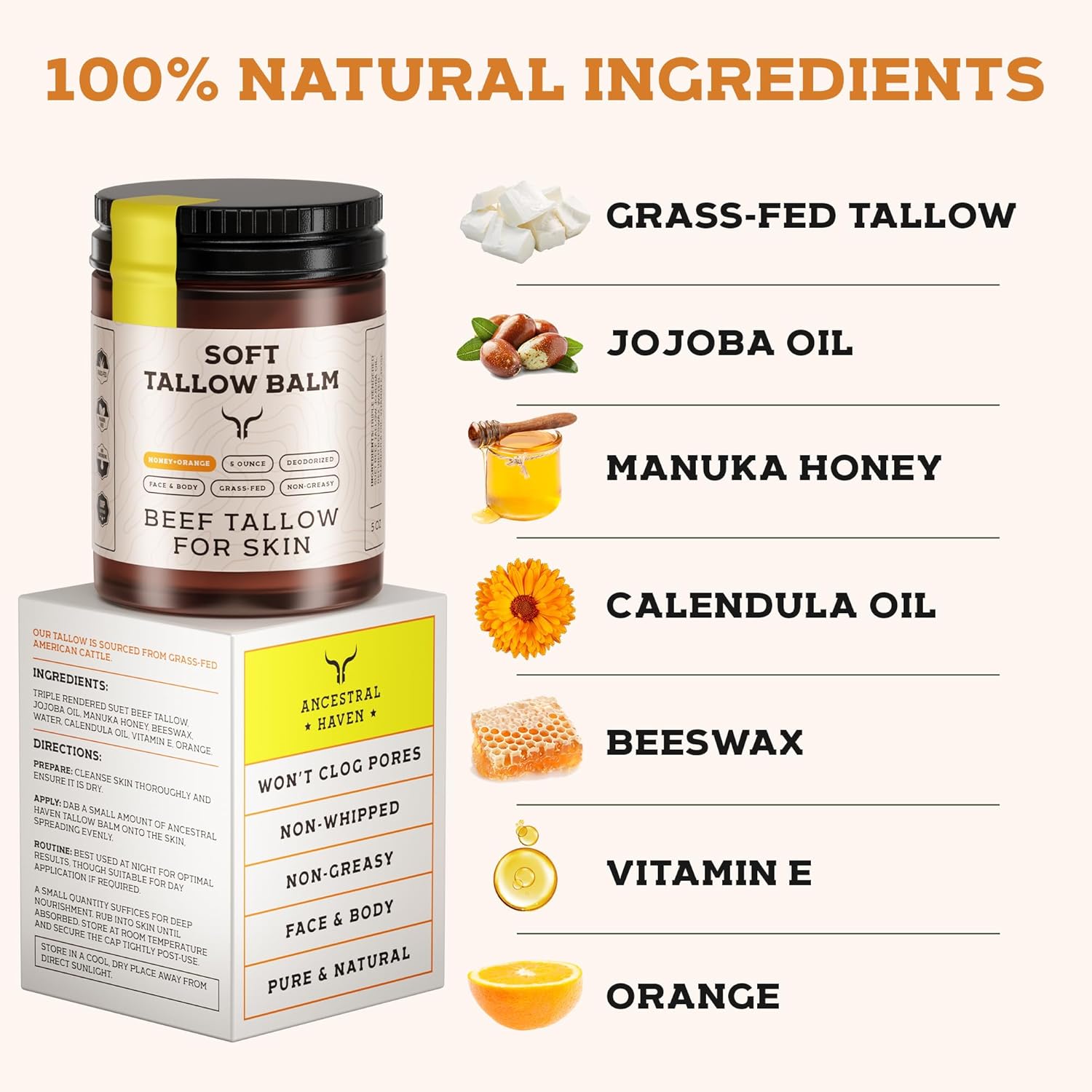 Ancestral Haven Tallow Balm Variety Pack – Herbal Rose + Honey Sweet Orange – Grass-Fed Suet Tallow for Face, Skin & Body – Non-Greasy, Clean, Deodorized Moisturizer – 6-Month Supply