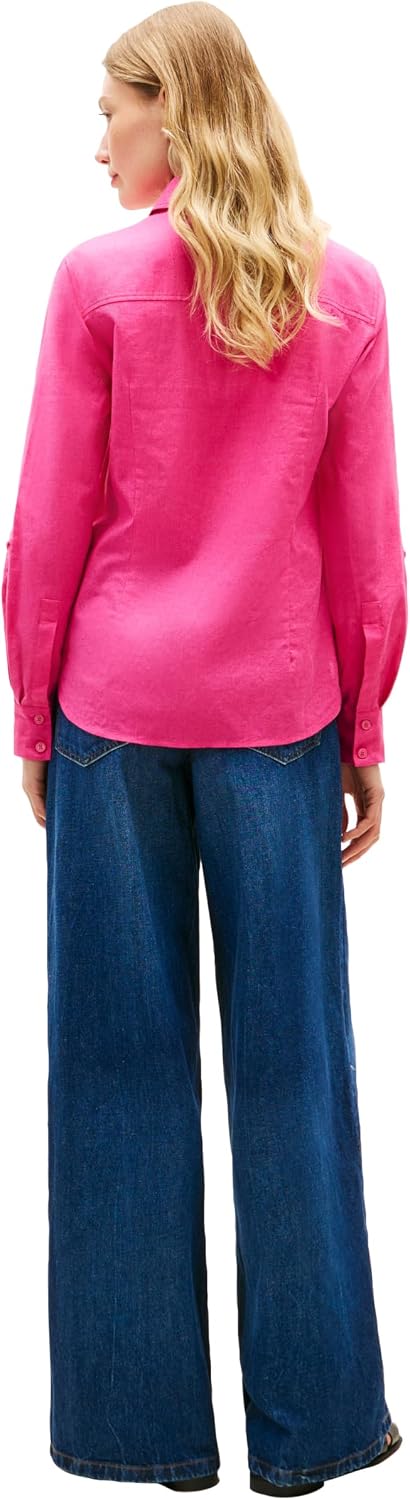 Tommy Hilfiger Women's Lightweight Linen Long Sleeve Button Down Shirt in Regular Fit with Roll Up Sleeve Linen Blouse