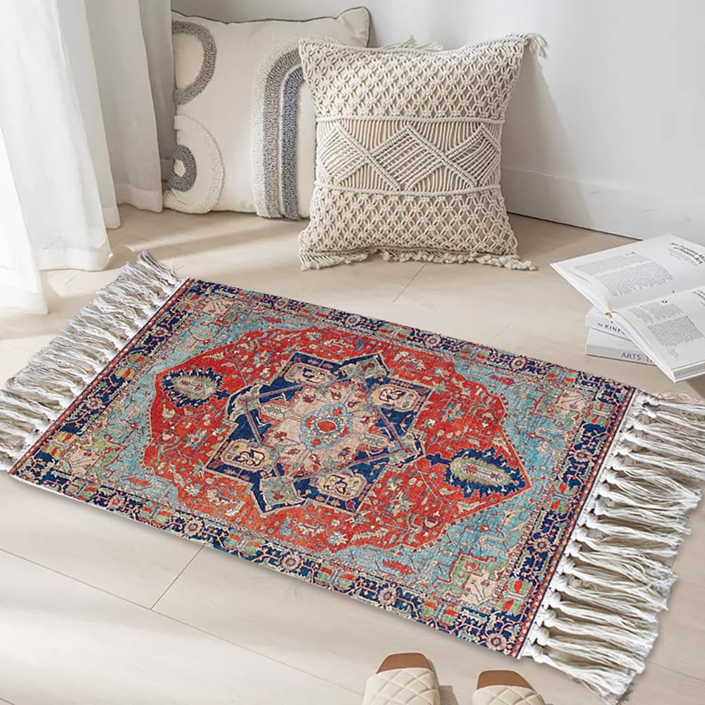 Aniyan Tapis bohème, en coton, lavable, avec glands, tapis tissé à la main, pliable, pour camping, extérieur, salon, chambre à coucher, cuisine, couloir, antidérapant à la main (style B)