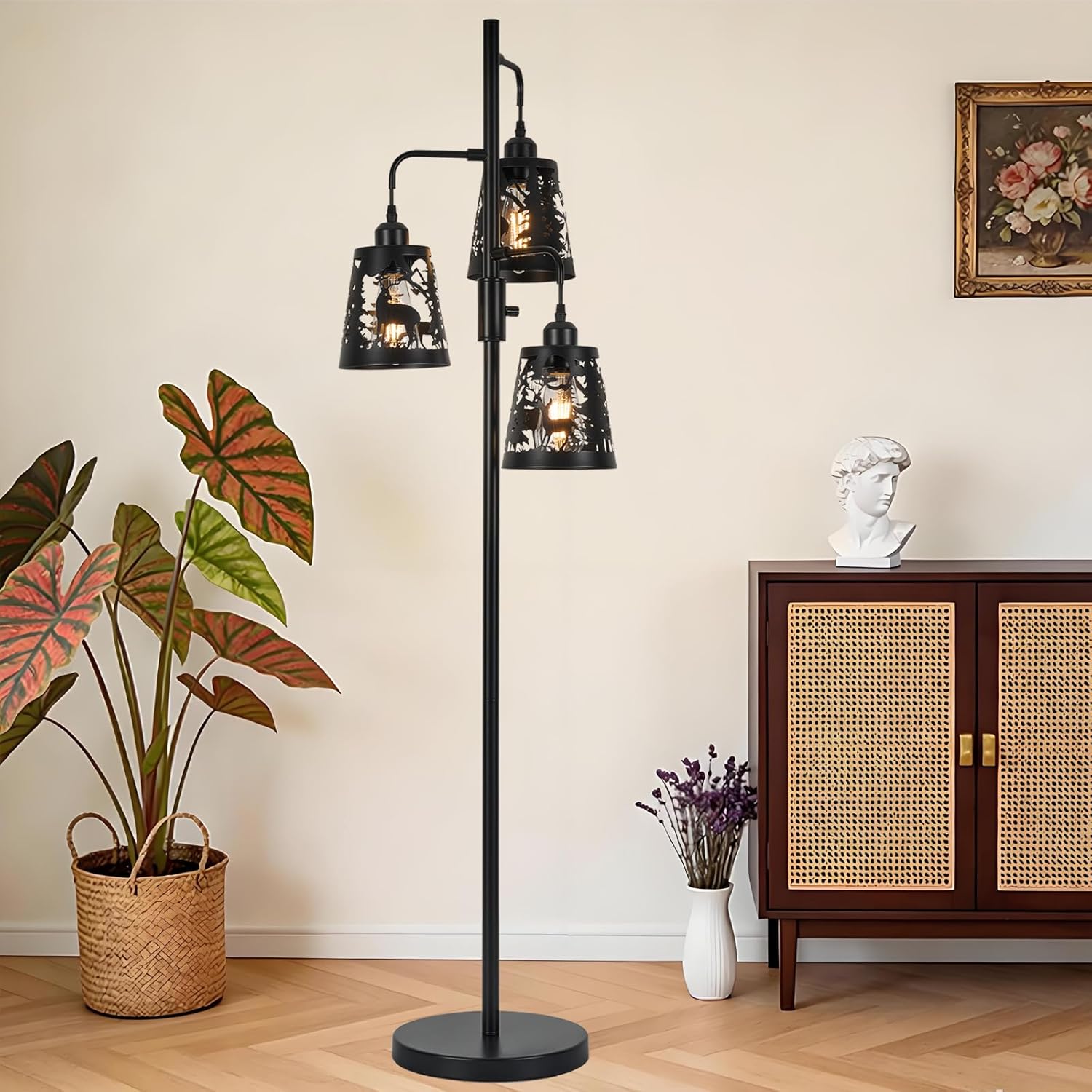 Rustic Floor Lamp-Deer Design, Farmhouse 3-Light Black Industria Metal Dimmable Standing Tall Lamp for Living Room, Bedroom, Study(No Bulbs)