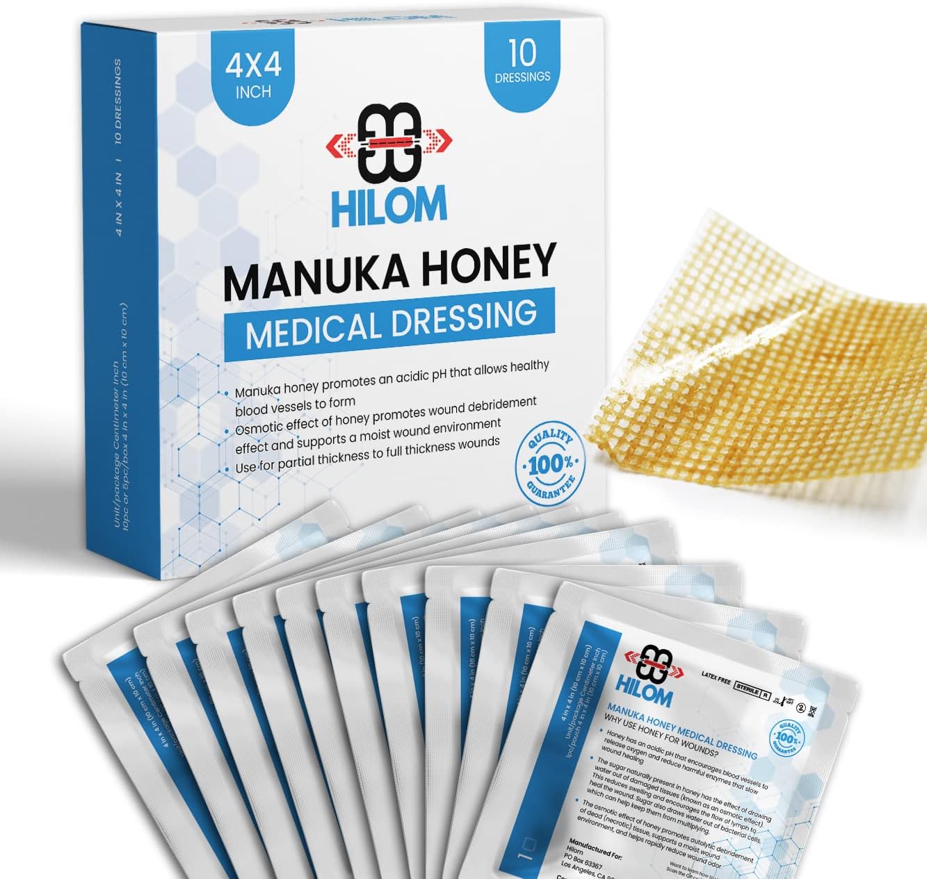 Hilom Medical Grade Manuka Honey Gauze Dressing 4x4 (10 Pack) Non-Adherent