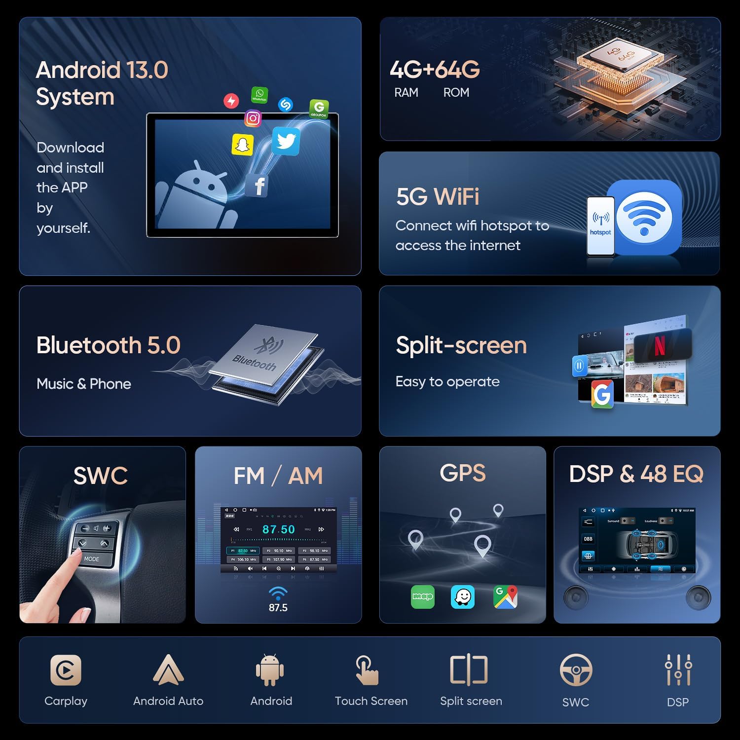 Android 13 system features including DSP, Bluetooth, and 5G WiFi