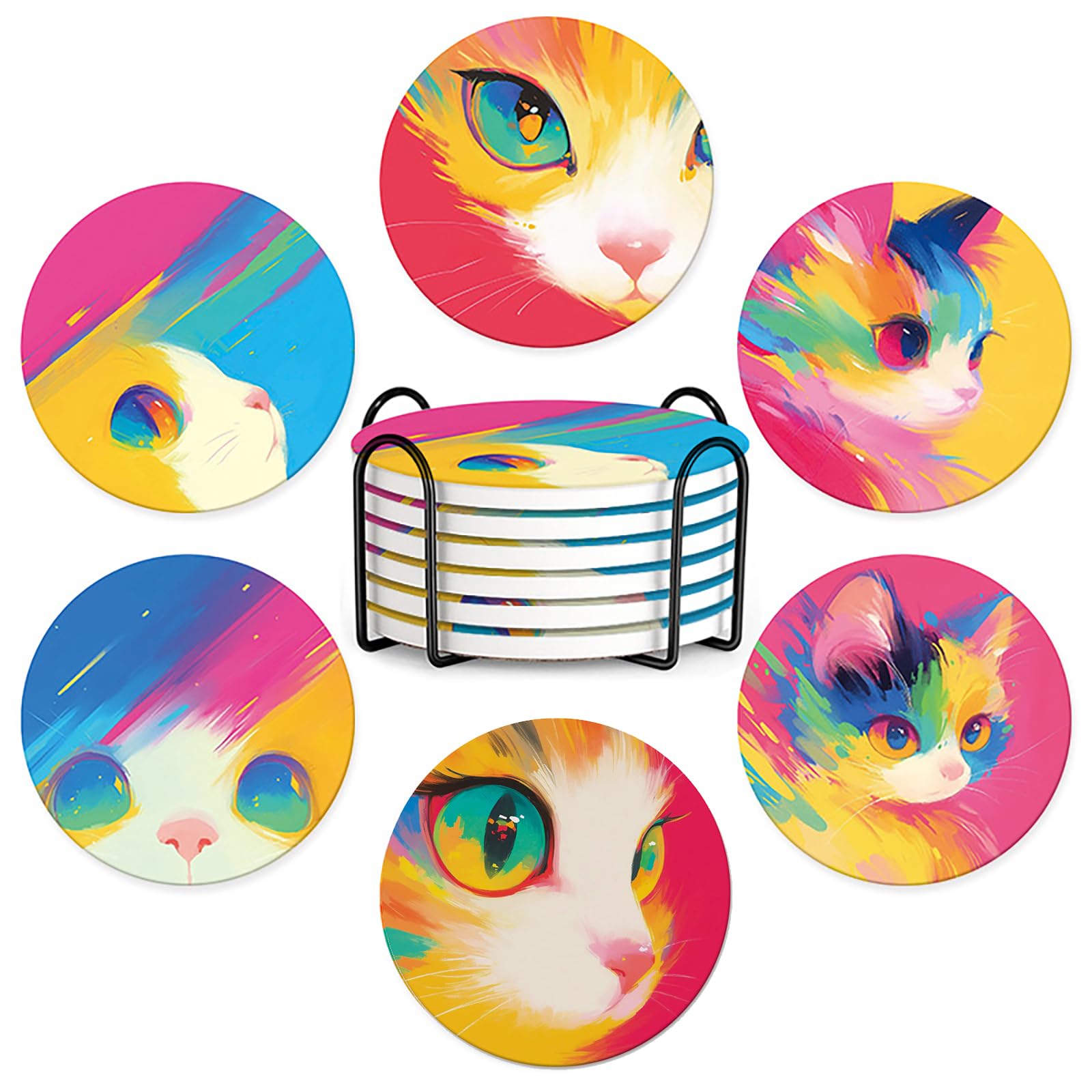 Drink Coasters with Holder, Absorbent Coaster Sets of 4, Cat/Dog Pattern Ceramic Drink Coaster for Tabletop Protection,Suitable for Kinds of Cups, Wooden Table,4 Inches