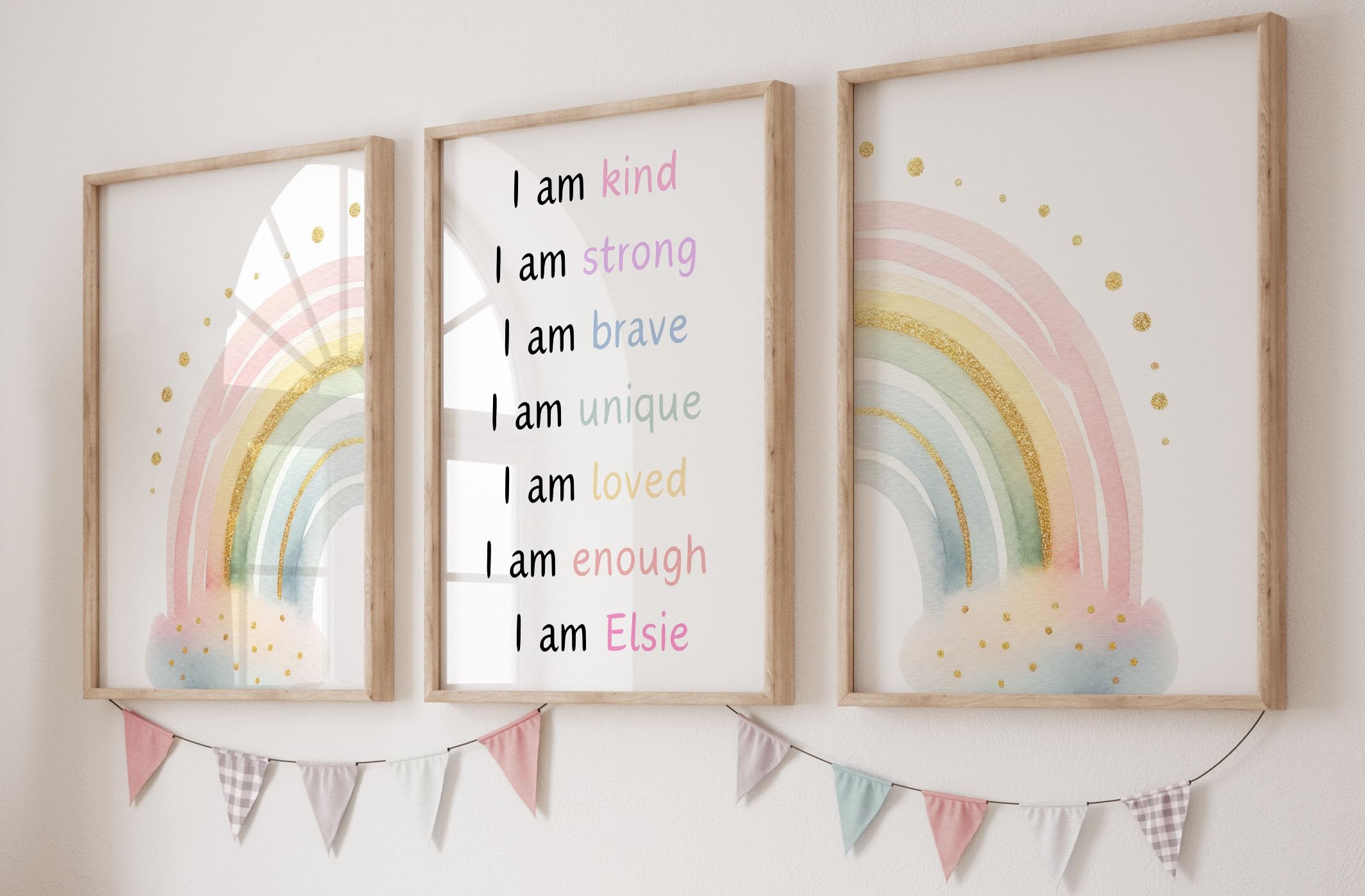 Eviepops Prints Personalised Positive Rainbow Set of 3 Unframed Poster Prints, Personalise Name, Positive Affirmations, Rainbow Theme Room Decor, Girls Nursery Prints, Girls Bedroom Prints (A3)