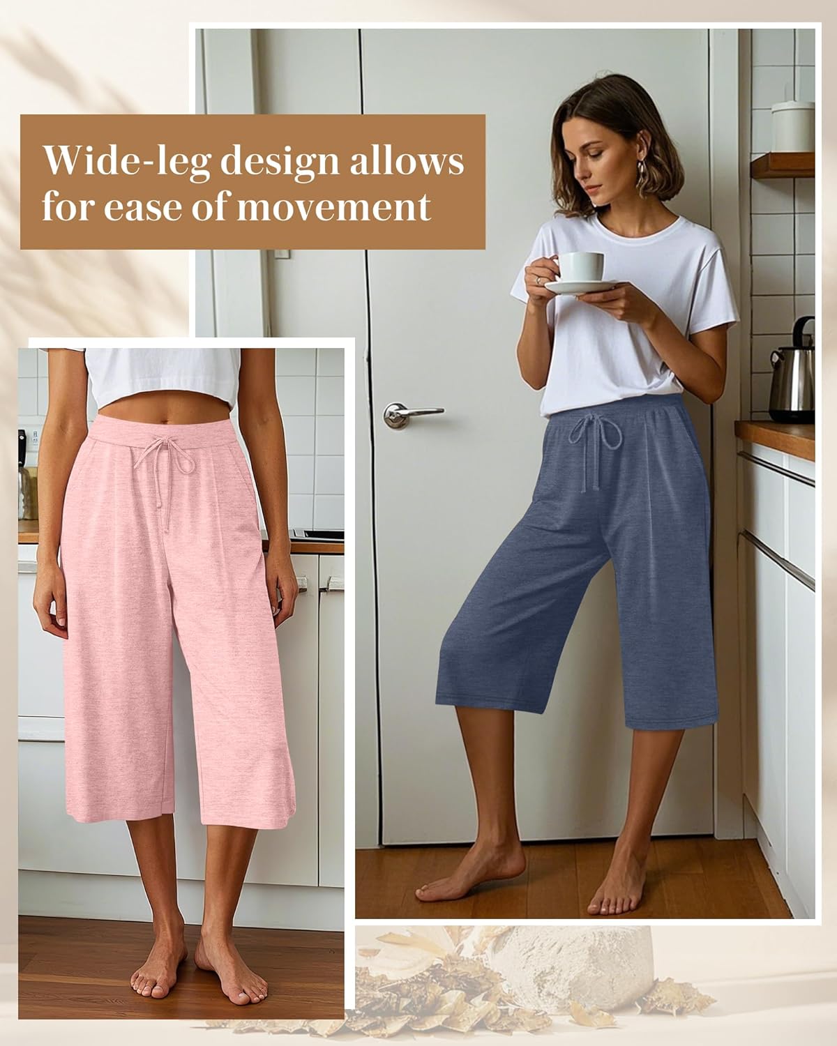 3 Pack Women's Capri Pants, Casual Wide Leg Yoga Pants High Waist Drawstring Cropped Lounge Trousers with Pockets - Image 5