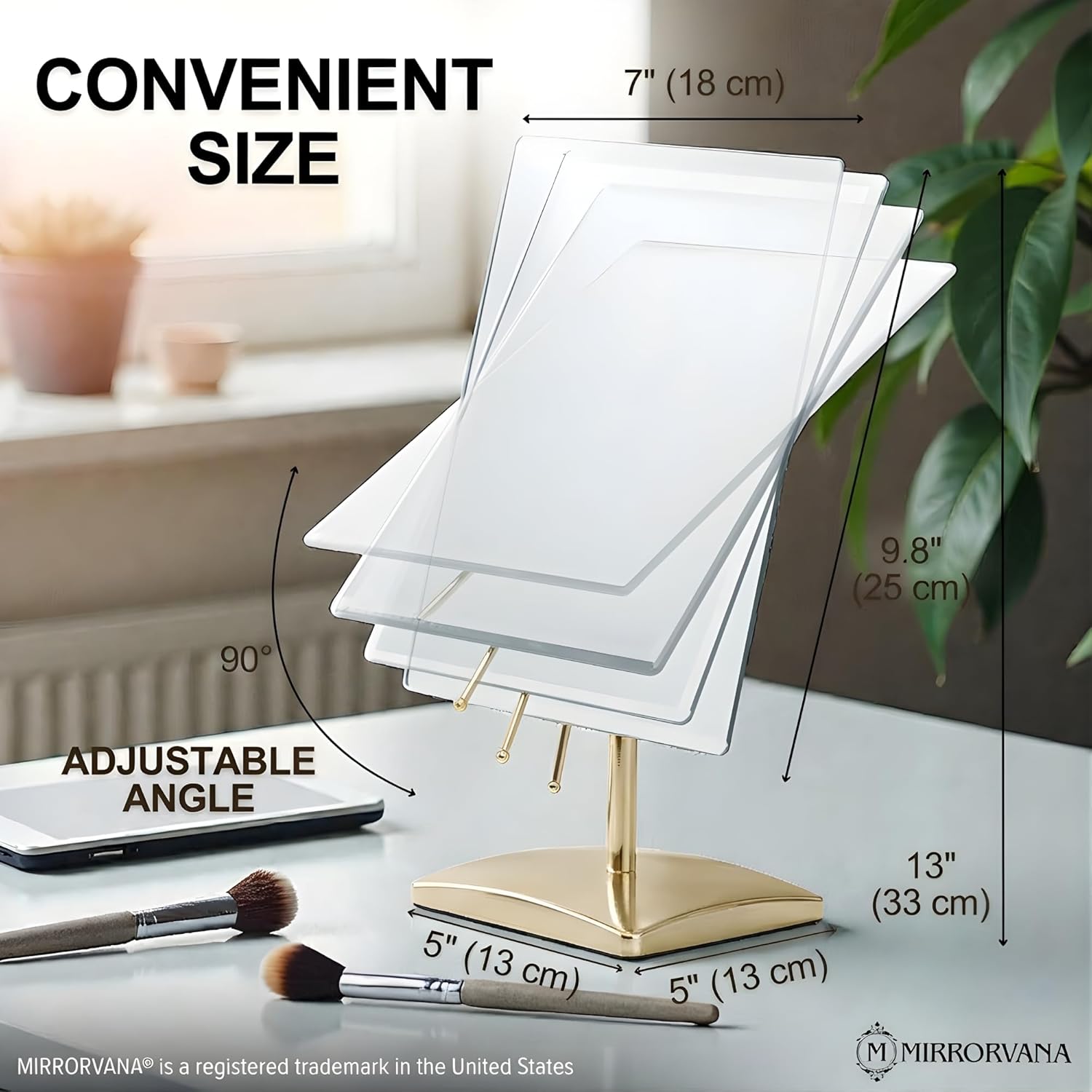 MIRRORVANA Large Free Standing Mirror - Frameless, Gold-Plated, Beveled Design for Desk, Retail Counter, Bathroom and Vanity Dressing Table (9.8" x 7")