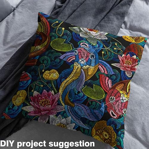 Feelyou Koi Fish Fabric by The Yard, Vintage Japanese Style Water Lily Theme Upholstery Fabric for Chairs Sofa Couch, Oriental Floral Lotus Pattern Outdoor Fabric Waterproof, 1 Yard