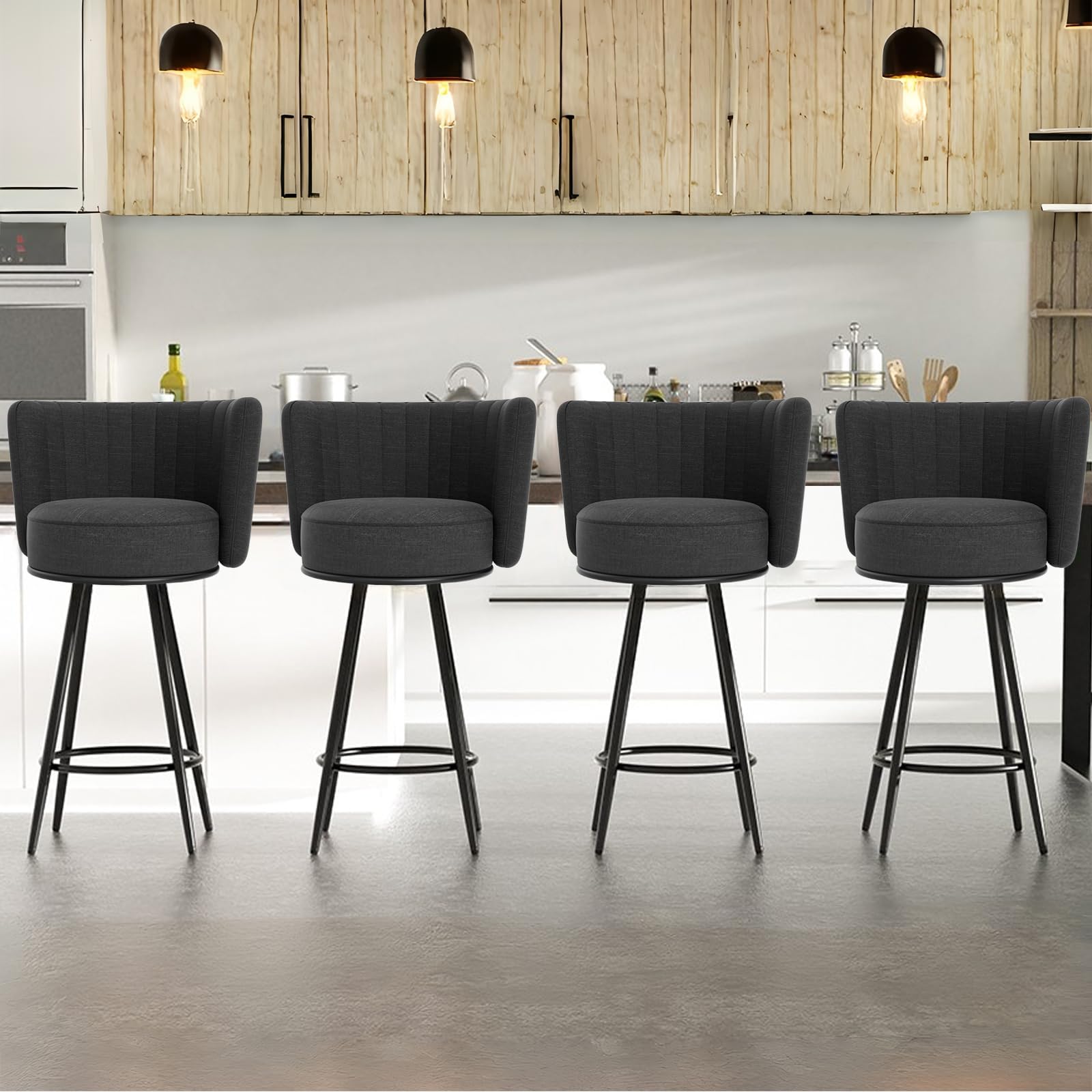 Bar Stools Set of 4, 27" Tufted Modern Counter Height Bar stools, Upholstered Barstools with Back & Footrest Metal Legs, Stools for Kitchen Island, Counter, Cafes, Dining Room (Dark Grey)