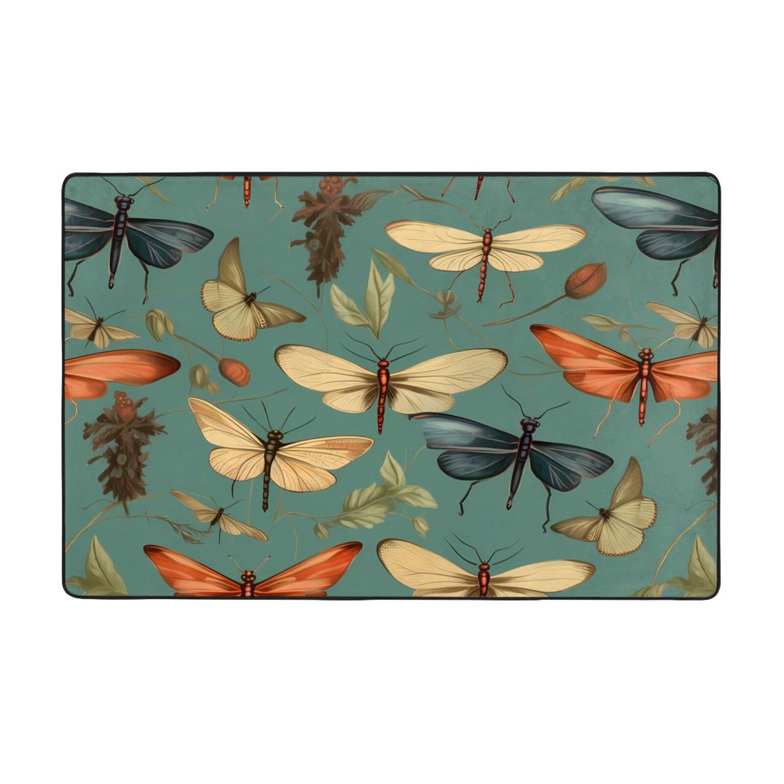 Tapis imprimé libellules vintage en velours fin lavable doux 150x100 cm