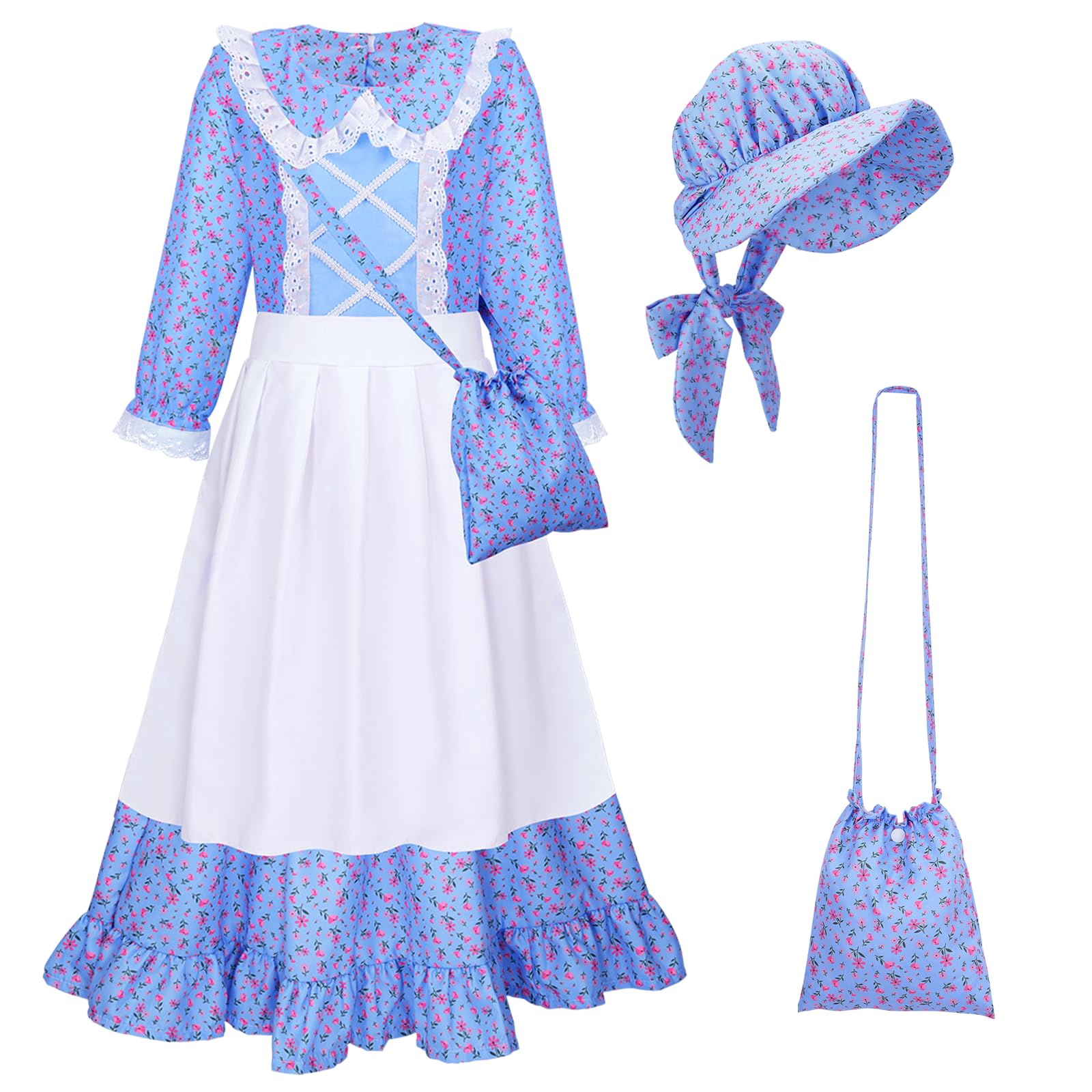 MELAND Victorian Costume Girl, World Book Day Fancy Dress with Apron and Bonnet for Girls Aged 5-13