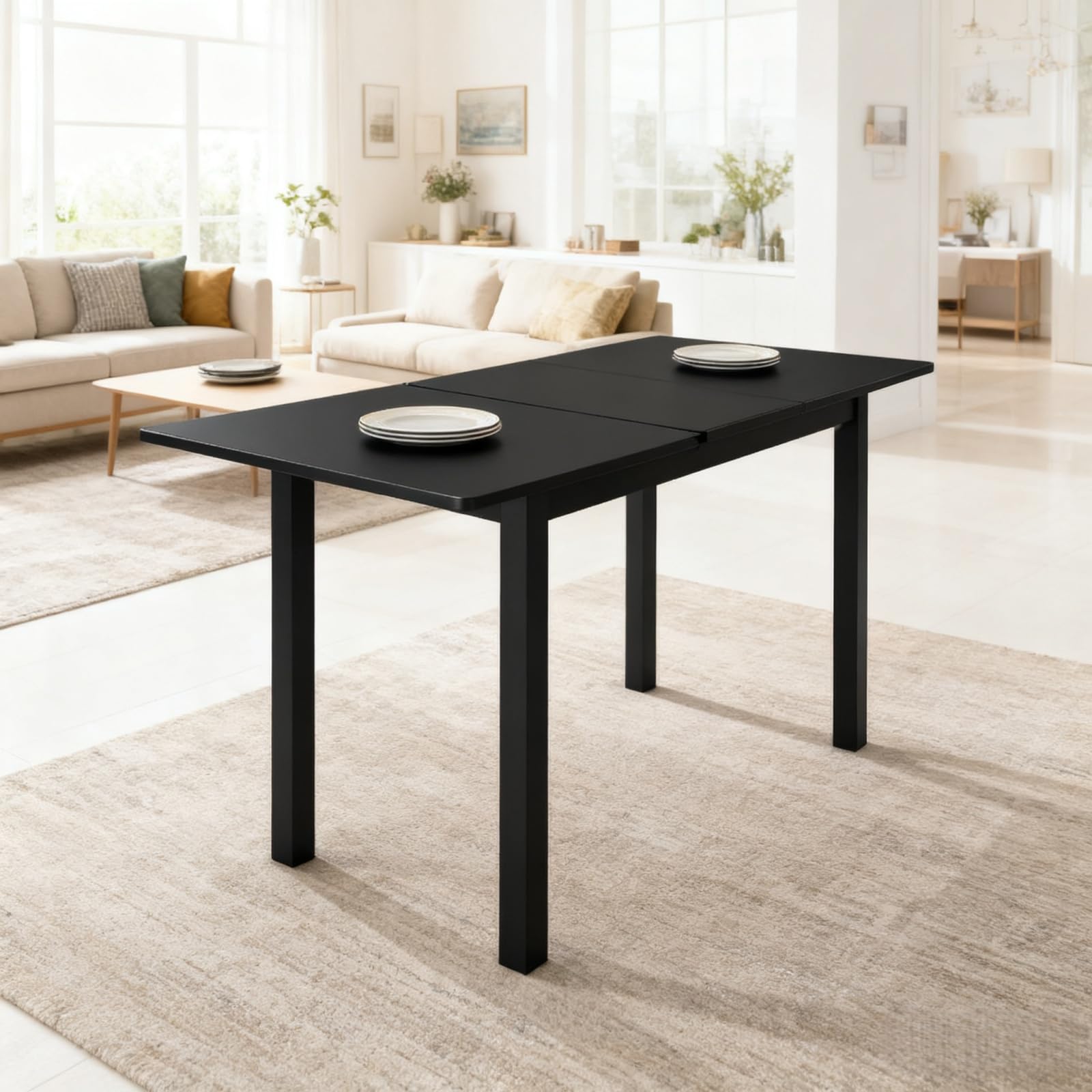 Dining Table, Extendable Kitchen Room Table for 4-8 People, 48"-59.8" Wooden Rectangle Expandable Table, Space Saving Modern House Dining Surface for Home Living Room Office, Black