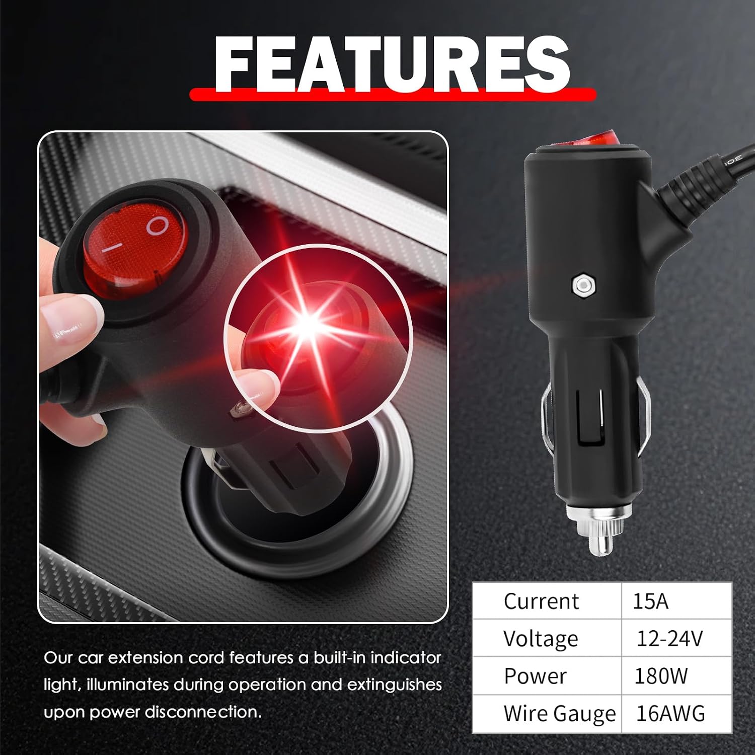 3Ft Cigarette Lighter Extension Cord,Heavy Duty 16 AWG 12V Extension Cord with 15A Fuse & LED Indicator Light,Universal Plug & Play Cigarette Lighter Extender Car Accessories image 5