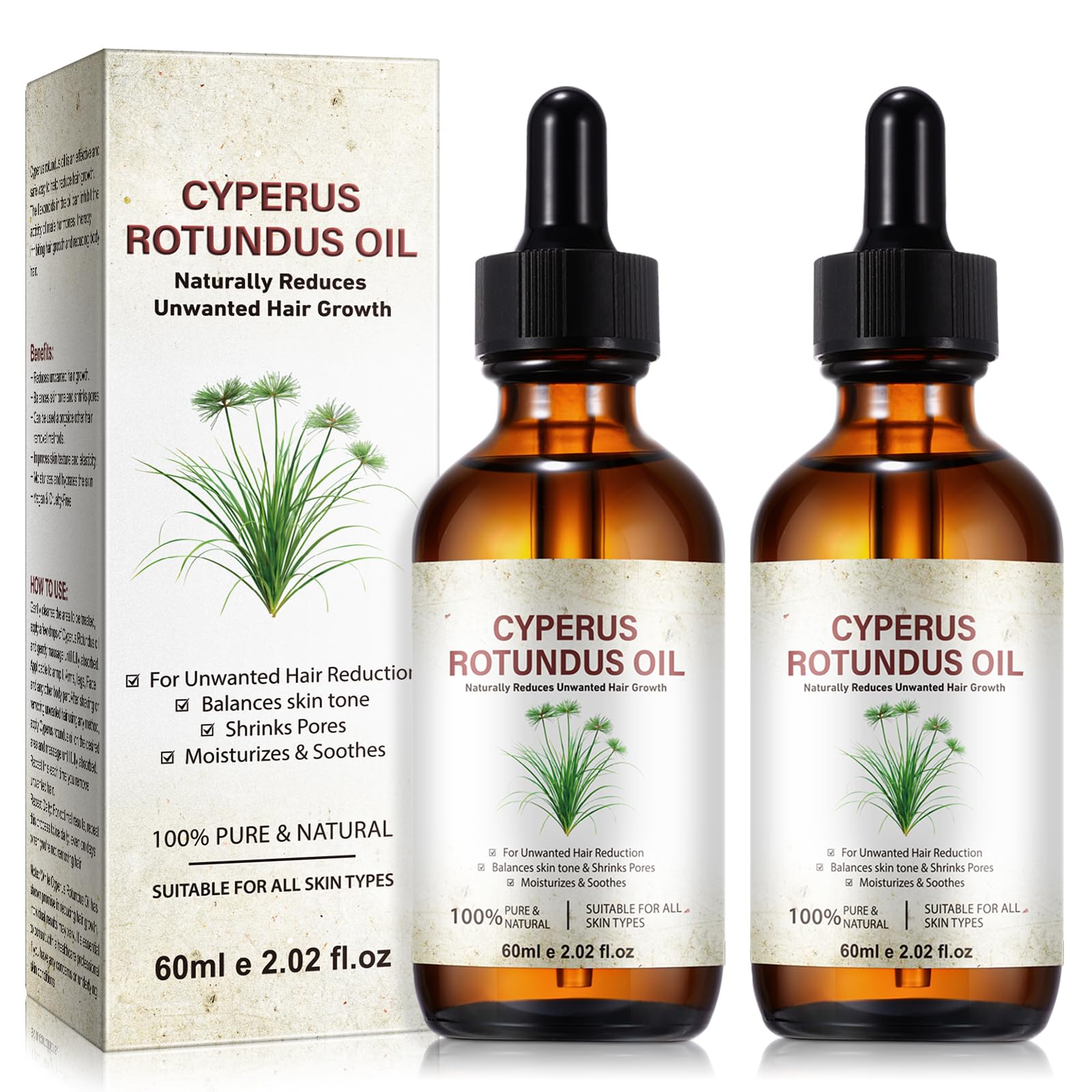 2Pack Cyperus Rotundus Oil, Natural Cyperus Rotundus Oil for Hair Removal Reduces Unwanted Hair Growth