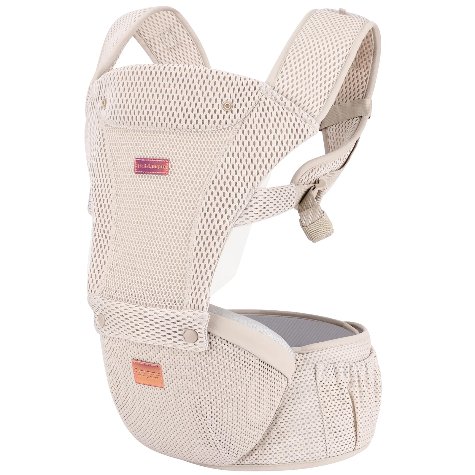 Bebamour Mochila portabebés para recién nacidos y niños pequeños, asiento para la cadera de 0 a 36 meses con capucha, 3 protectores para mordeduras, extensión para la cadera,tejido de malla dorado