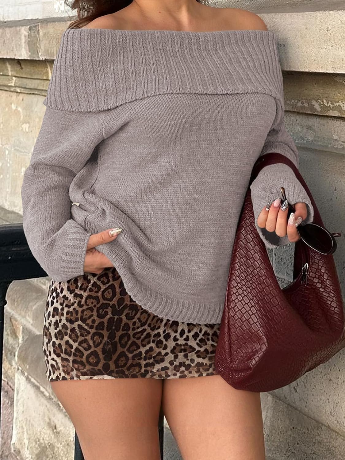 LILLUSORY Off The Shoulder Sweater Womens Oversized Loose Knit Chunky Pullover Sweaters Long Sleeve Top - Image 6