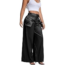 Wide Leg Cargo Pants for Women High Waist Shiny Trousers with Pockets