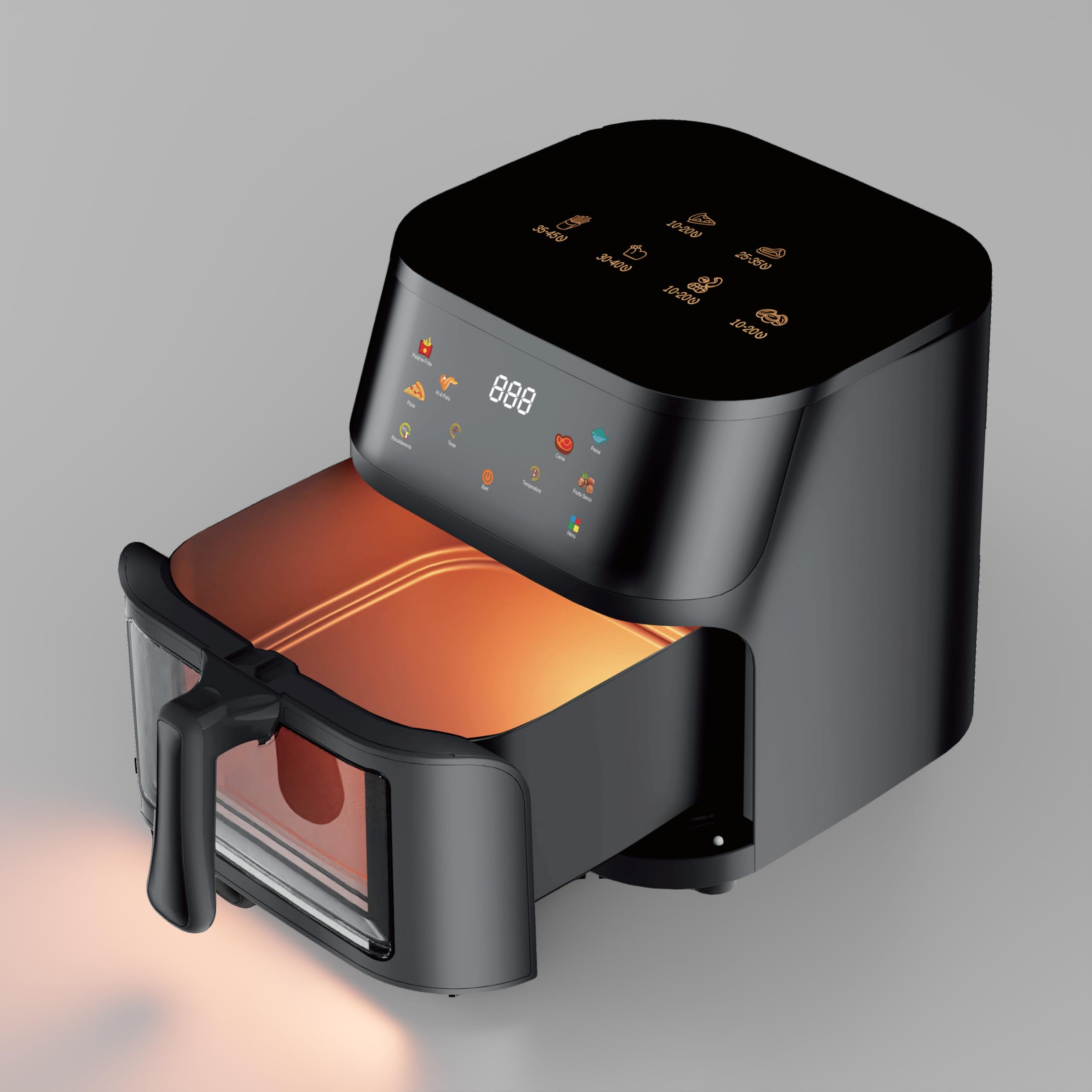Friggitrice ad Aria 8L 1400W con Schermo Touch a Colori – 0-200°C, 7 Programmi Automatici (Patatine, Pizza, Carne, Pesce, Ali, Frutta Secca, Riscaldamento) – Griglia + Ricettario Inclusi