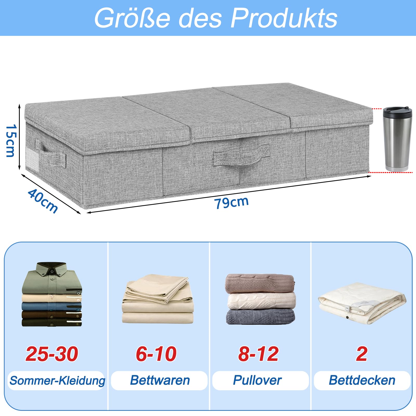 JUPELI Unterbett Aufbewahrungsbox 2 Stück, Unterbettkommode 79 x 40 x 15 cm, Unterbett Aufbewahrung mit formstabiler Struktur für Kleidung, Decken und Bettwäsche, faltbar, grau