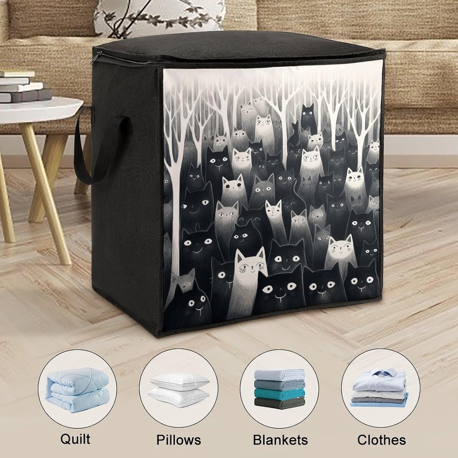 A Group of Black Cats Storage Bag with Zippers And Handle Extra Large Bedding Comforter Storage Bag Foldable Blanket Storage Bags Fabric Moving Bags for Closet Organizer (70L)