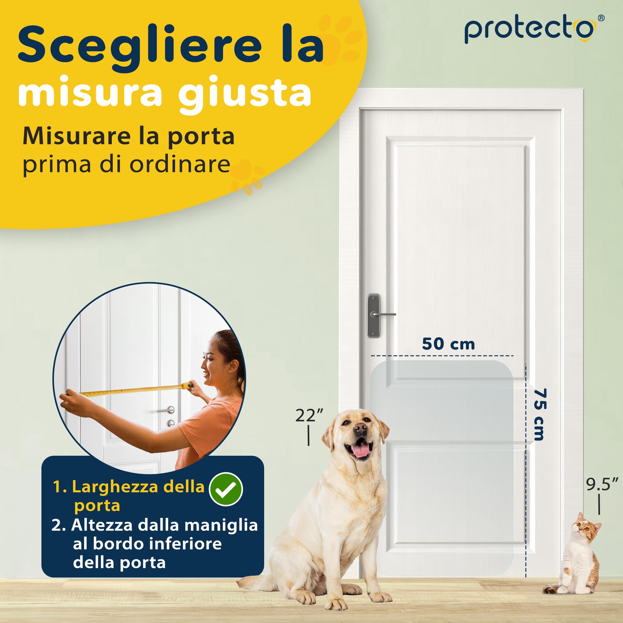 Protecto Proteggi Porta Graffi Cane Gatto 75 x 50 cm – Protezione Antigraffio Gatto Cane Resistente - Installazione Facile - Protezione Muro Trasparente Antigraffio - Mobili, Pareti, Porte, Finestre