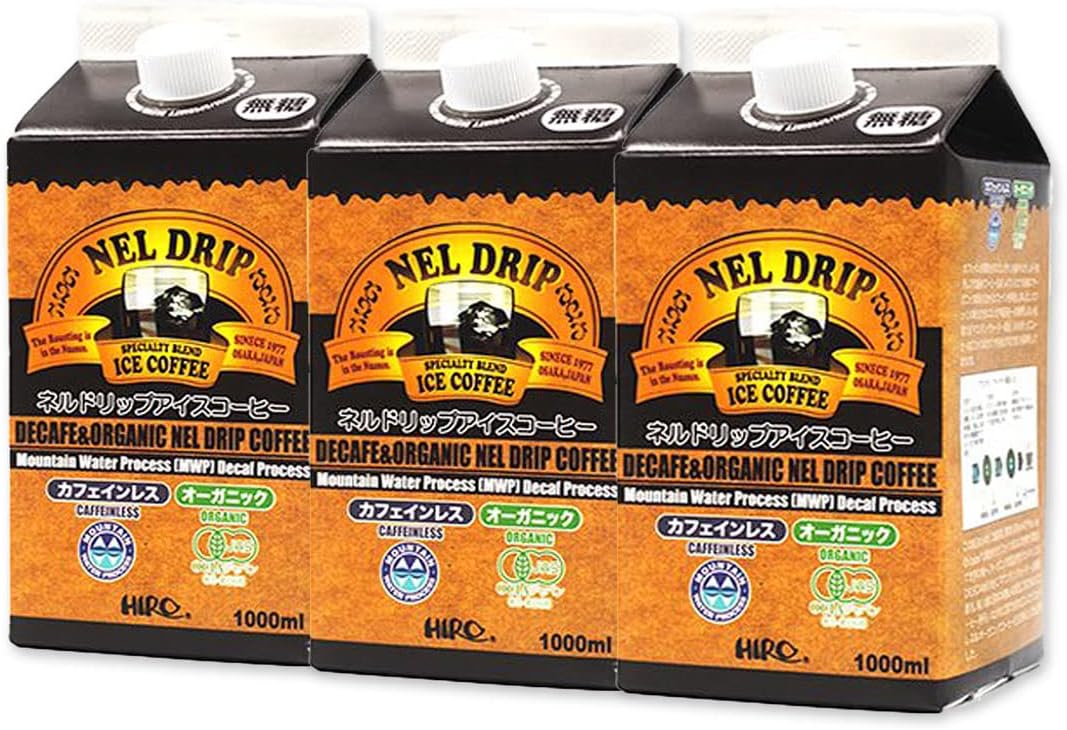 【ヒロコーヒー】 アイスコーヒー 【 カフェインレス 】オーガニックブレンド アイスコーヒー 1000ml ×3本【無糖】 デカフェ 紙パック 珈琲
