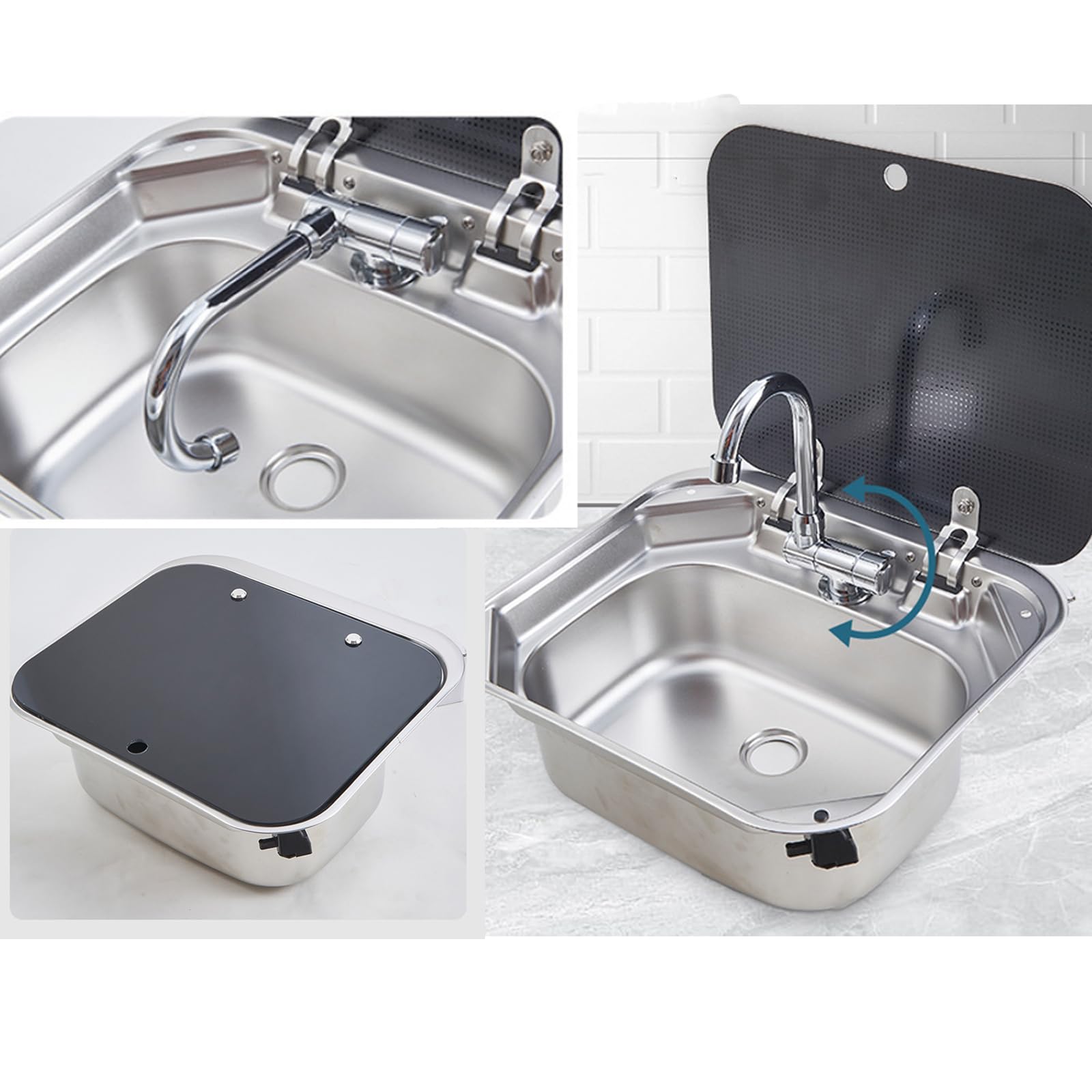 Fregadero de acero inoxidable, grifo plegable y cubierta templada, ideal para autocaravanas, cámpers, barcos y yates, kit de fregadero de camping duradero (42 x 37 x 15 cm)
