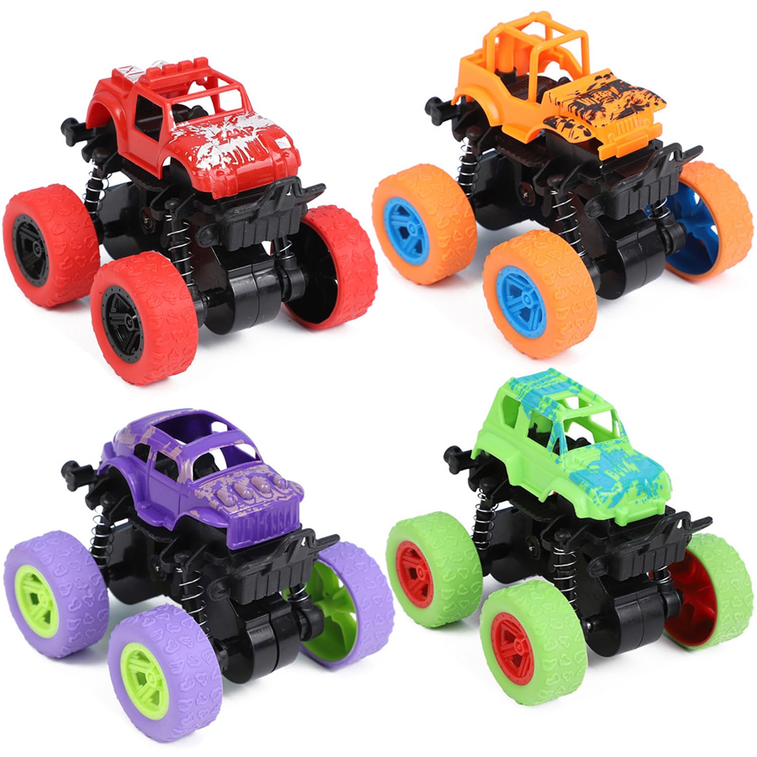 WFKKMEQ 4 Pack Monster Trucks,Inertia Powered Toy Cars, Toy Trucks with Shock Springs and Big Tires, Christmas Birthday Gifts for Toddlers Boys Girls