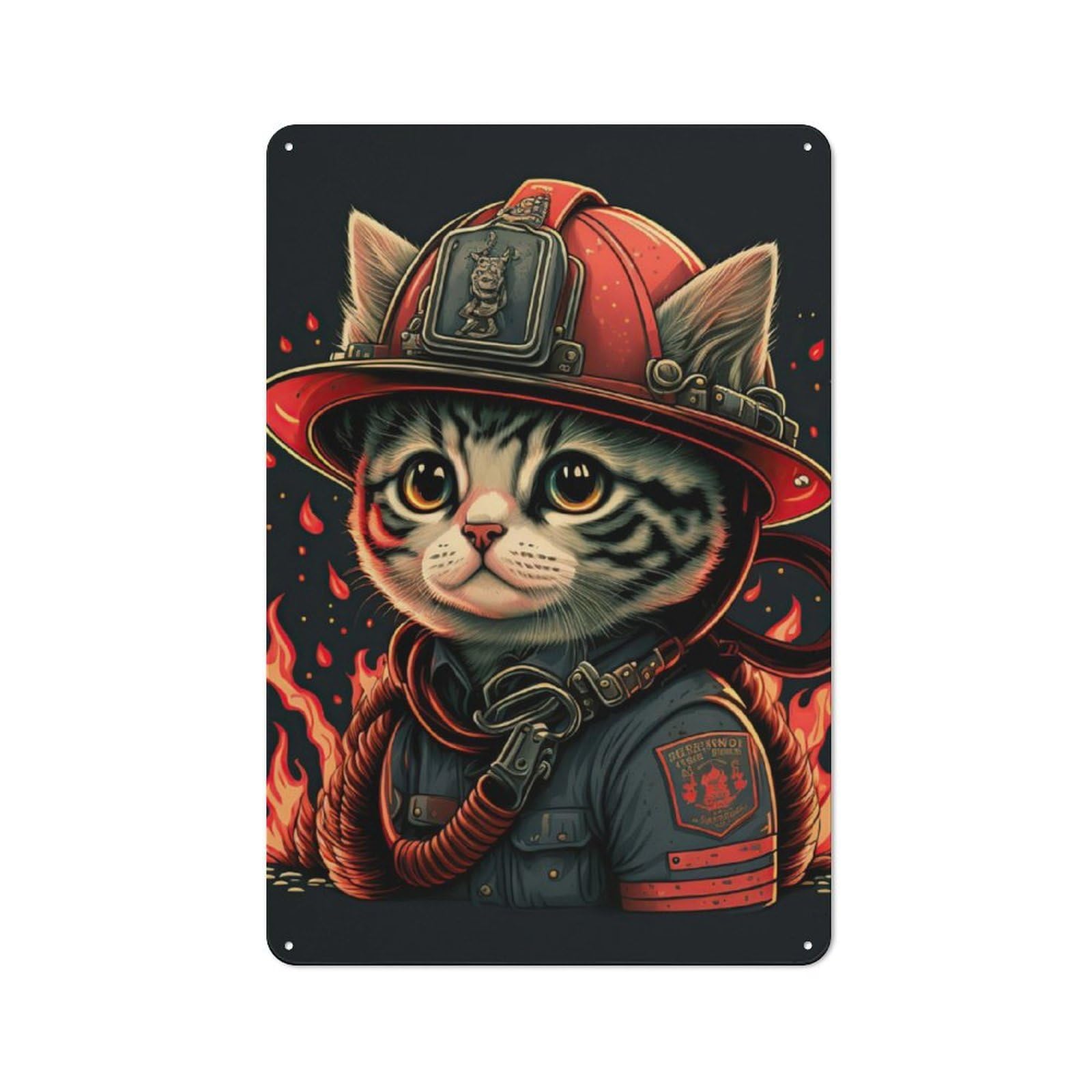 Junmoney Cat Fireman 30X20cm Rustic Metal Plaque With For Café Or Restaurant, For Themed Interiors In Cafés And Restaurants