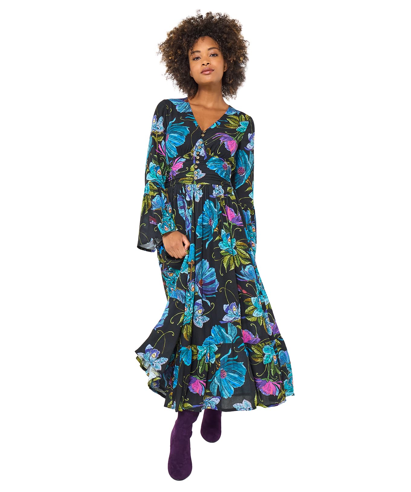Joe Browns Women's Bold Floral Boho Maxi Dress, Regular, Black, UK 8