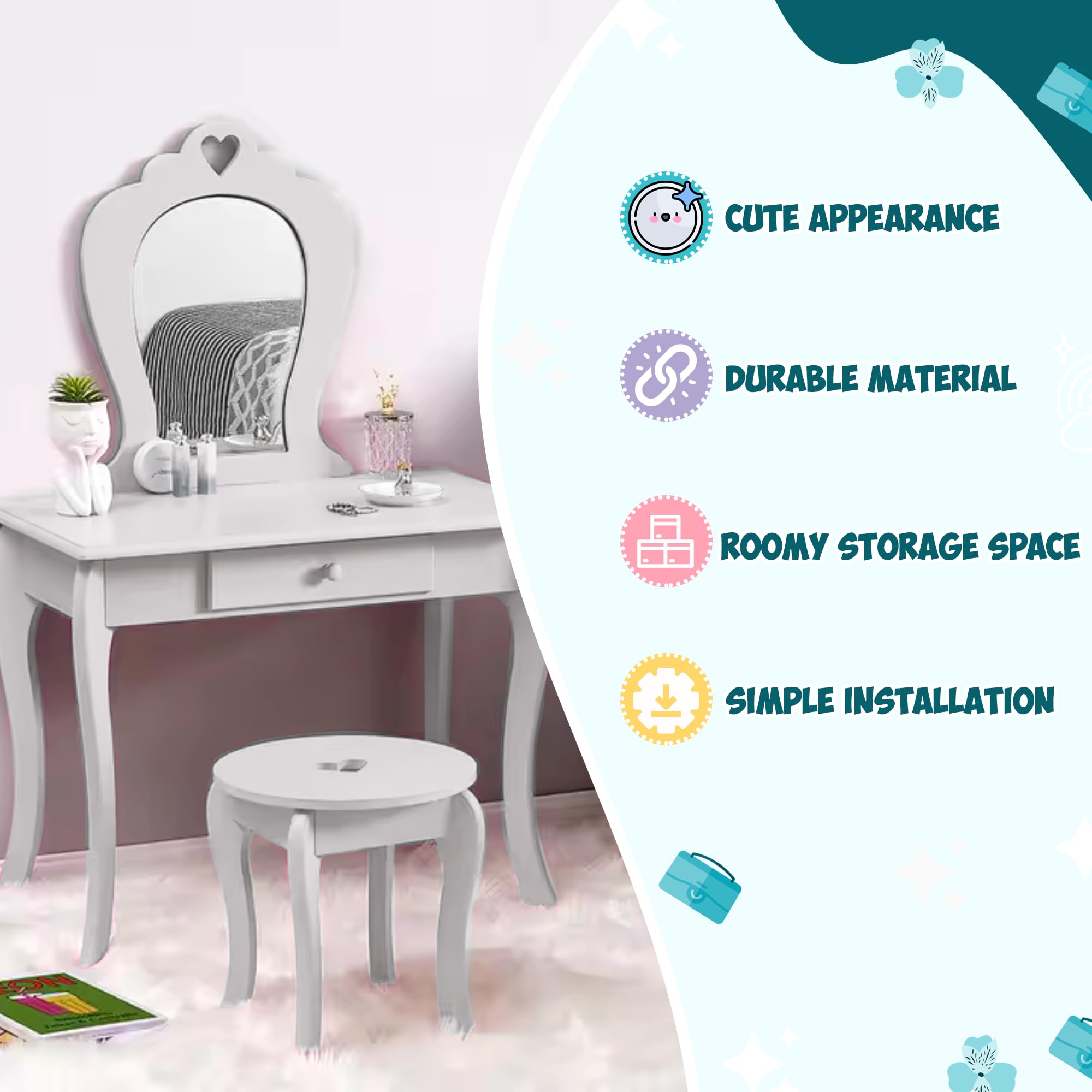 amelia dressing table pink Boahaus Amelia Vanity Desk with Mirror and Lights 11 Drawer Makeup Vanity Table with Storage, Power Outlet and Speakers