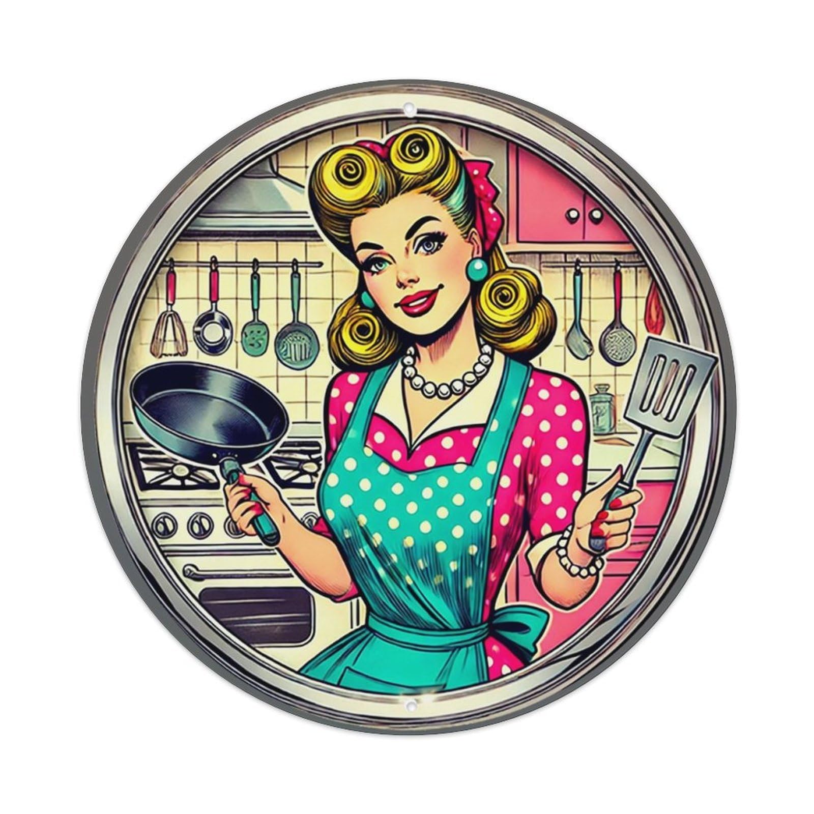 Iageret Vintage Retro Kitchen Woman Cooking Scene Round Metal Tin Sign Wall Decor, Bar Garage Cafe Kitchen Home Wall Art Poster 8X8inches