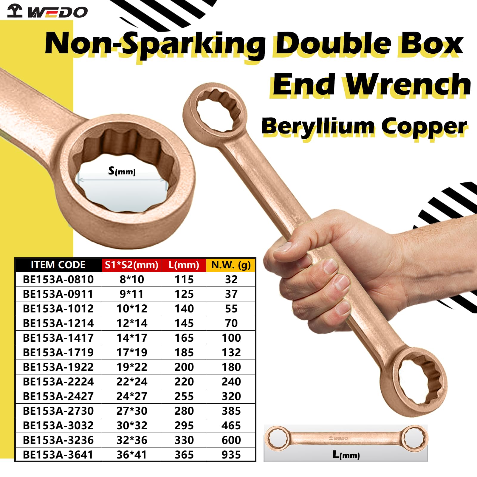 WEDO Llave sin chispas,llave inglesa,caja plana doble,forjada,llave de seguridad sin chispas,resistente a la corrosión,bronce berilio,DIN,aprobado por BAM/ATEX 30x32mm de ancho