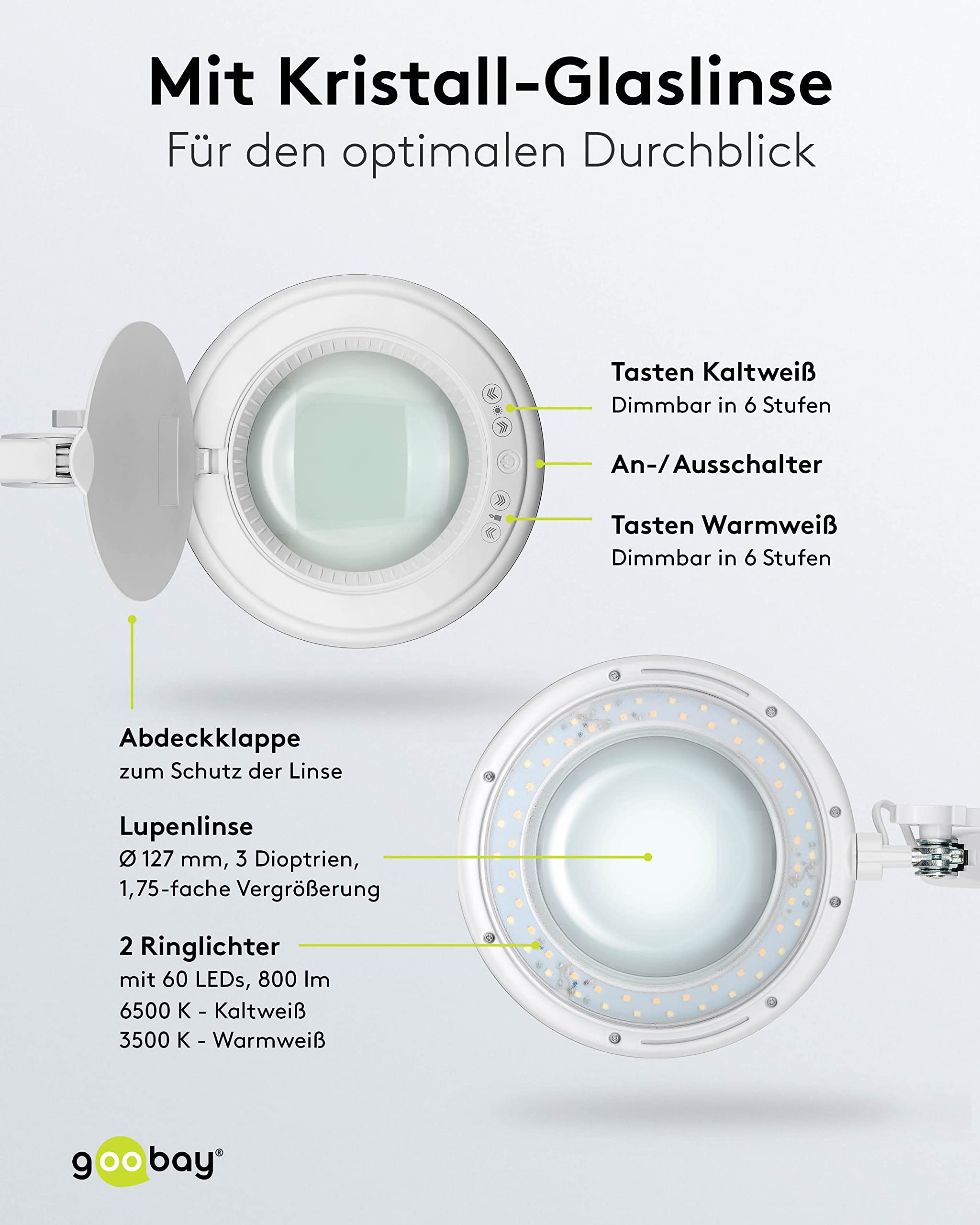goobay 60364 LED lampa z lupą z zaciskiem/lampa z lupą z tworzywa sztucznego/pobór mocy 10 W/strumień świetlny 800 lm/napięcie robocze 230 V (AC) / biała