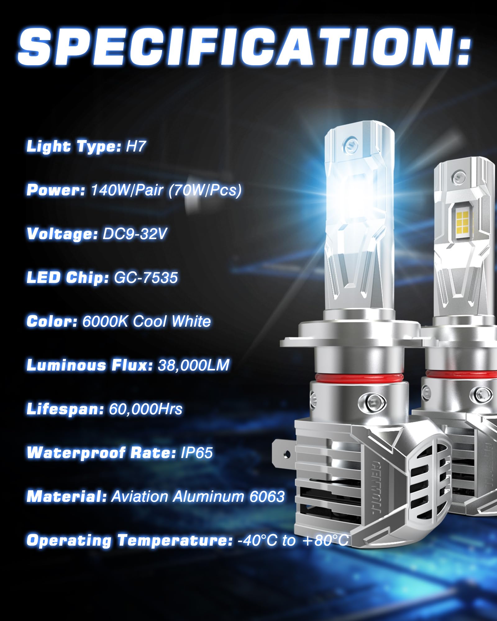 Bombilla H7 Led Canbus, 140 W, 38 000 lm, 6000 K (blanco frío), 700% de luminosidad, 12 V, 24 V, Bombillas H7 Led Sin errores CANbus, Tamaño mini, Kit de sustitución halógena, 1 Par